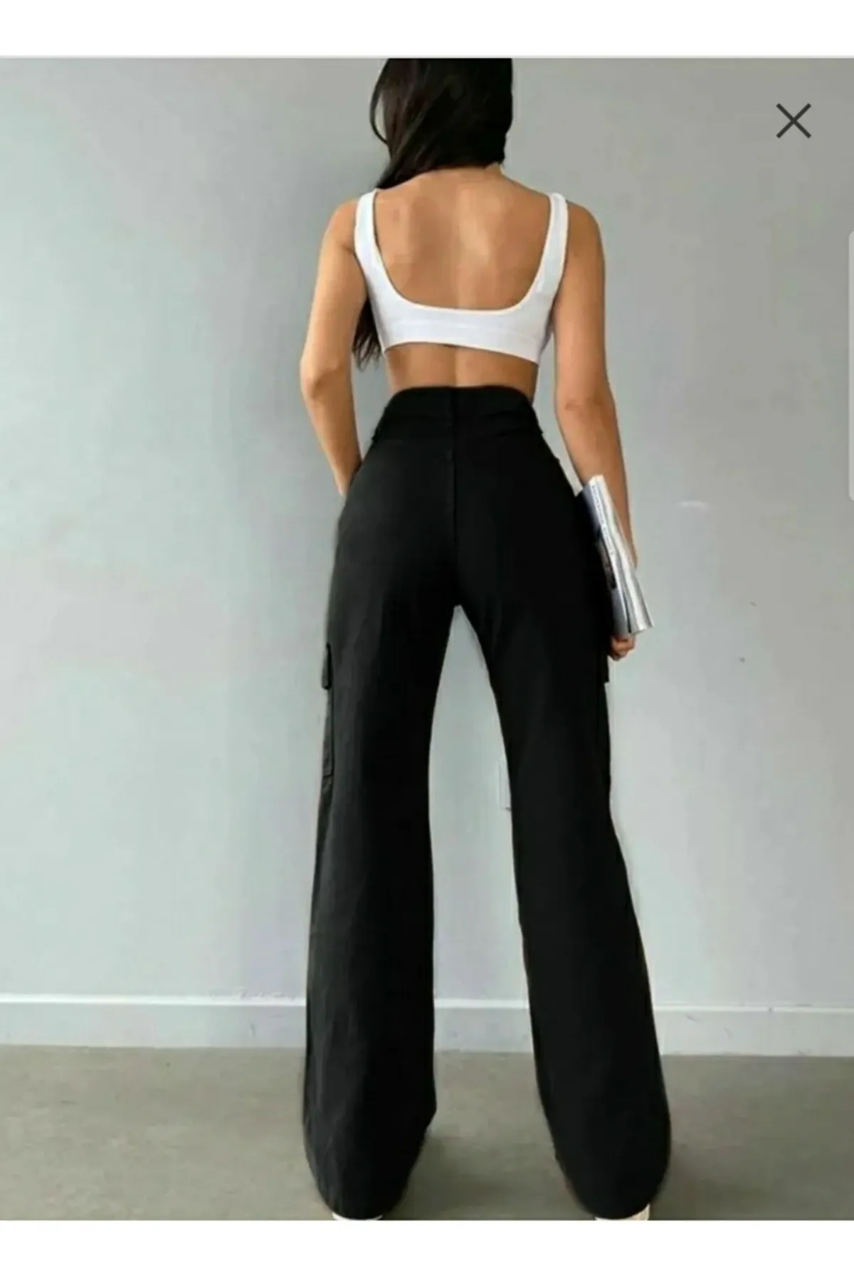 Trn JNS  Dora Damen-Palazzo-Jeans mit extra hoher Taille und Cargotasche in Schwarz ohne Gesäßtasche
