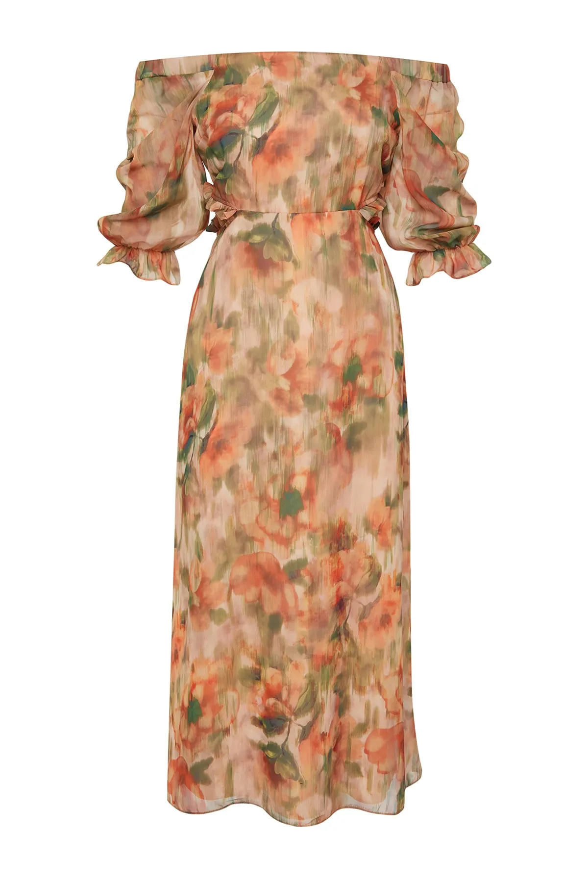 Trendyol Collection  Orangefarbenes, geblümtes A-Linien-/Glockenkleid aus Chiffon mit Carmen-Kragen, gefüttertes Maxikleid aus Webstoff TWOSS23EL02422