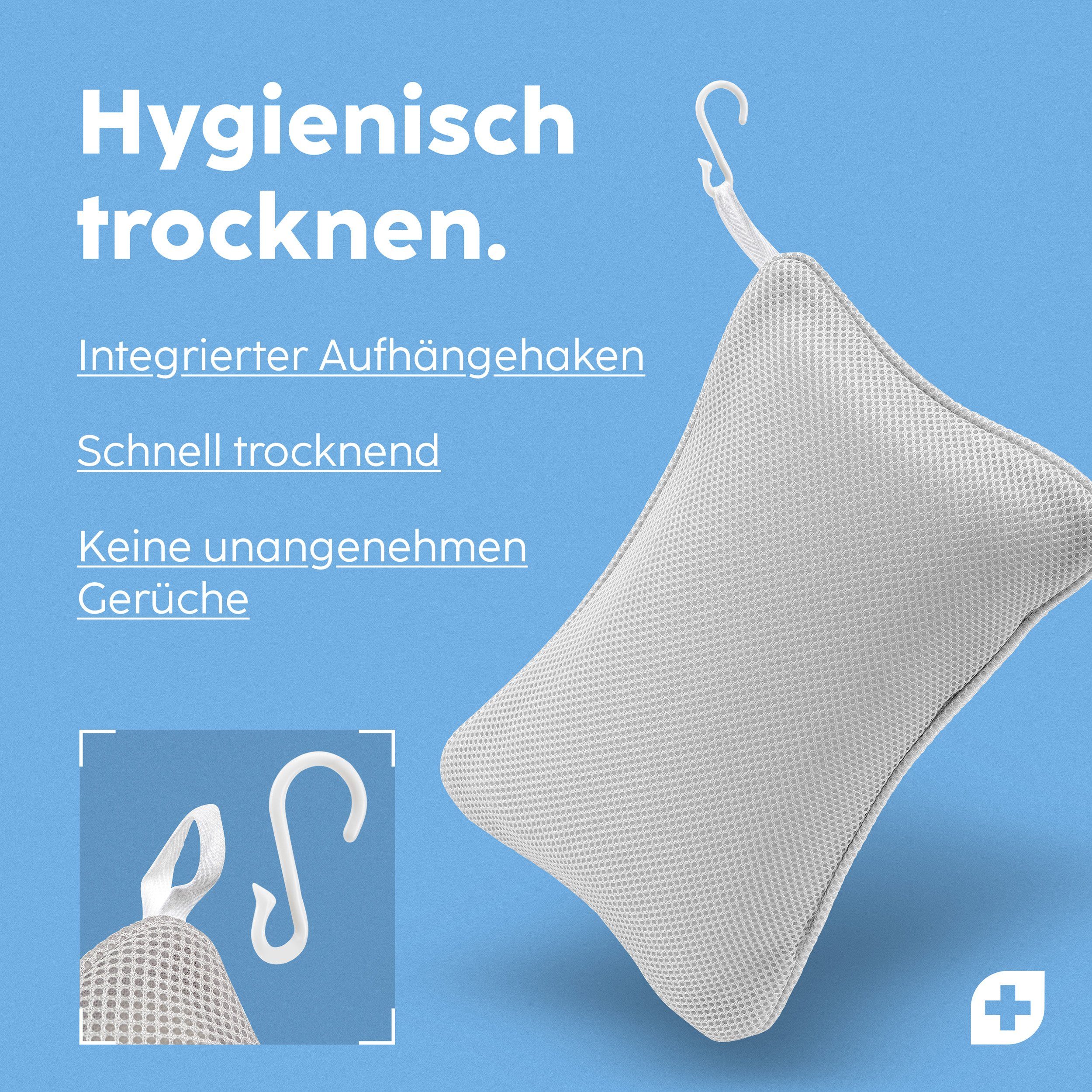 Nackenstützkissen Vesta+ Badewannenkissen S mit Saugnäpfen und Haken, Badekissen, Vesta+, Waschmaschinentauglich, Klimaneutral und nachhaltig, Badewannenkissen