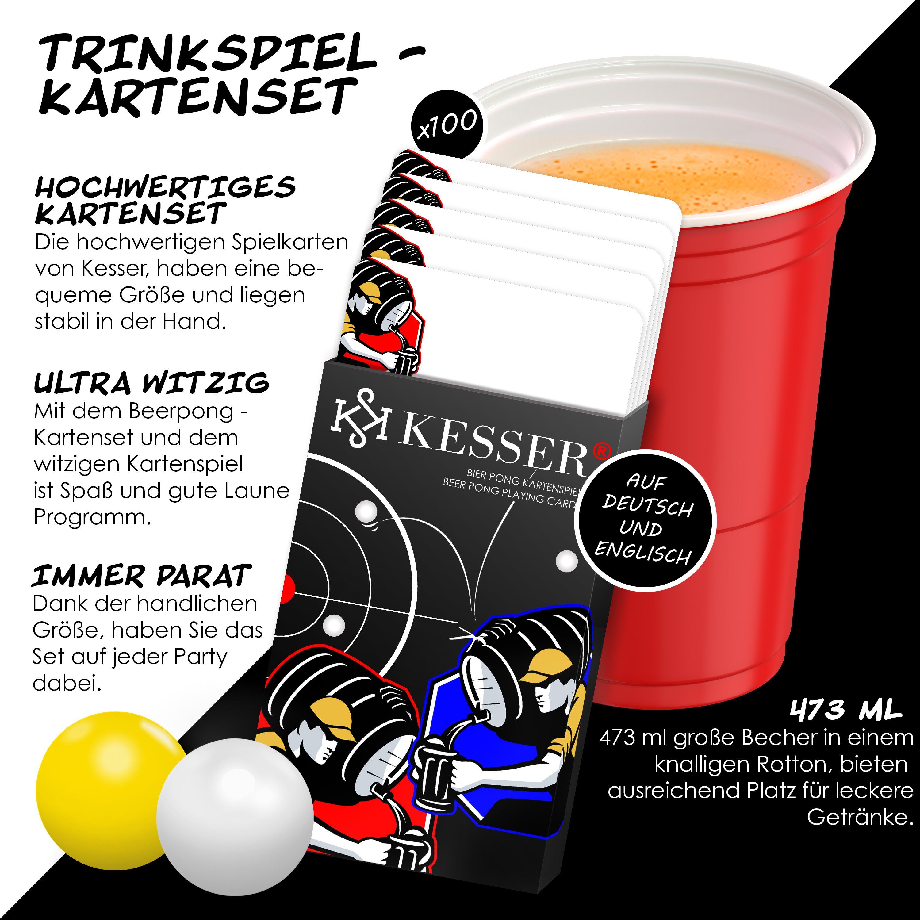 KESSER Klapptisch, Beer Pong Becher Set mit Kartenset 54 Karten, Bierpong