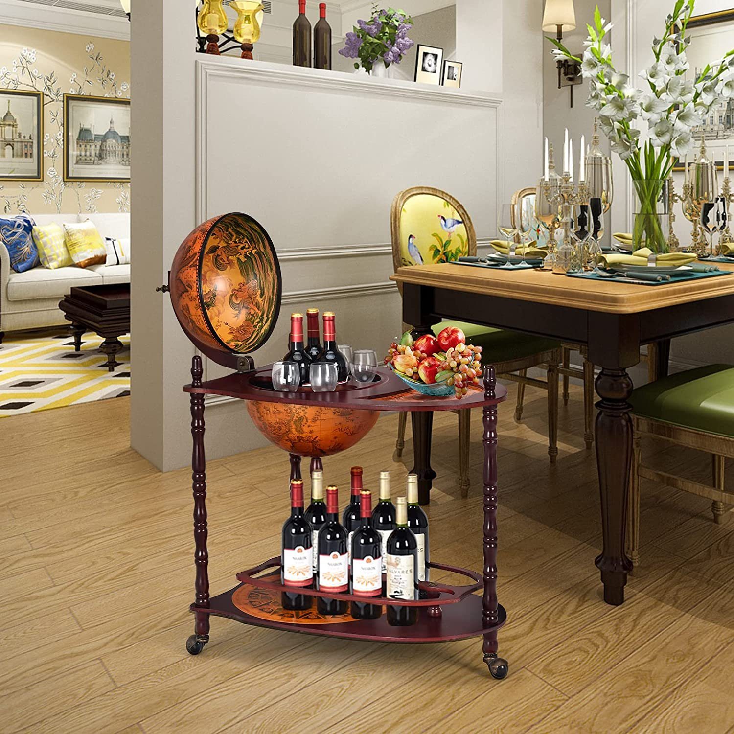 COSTWAY Weinregal Flaschenregal, Mit 3 Rollen, mit Tischplatte