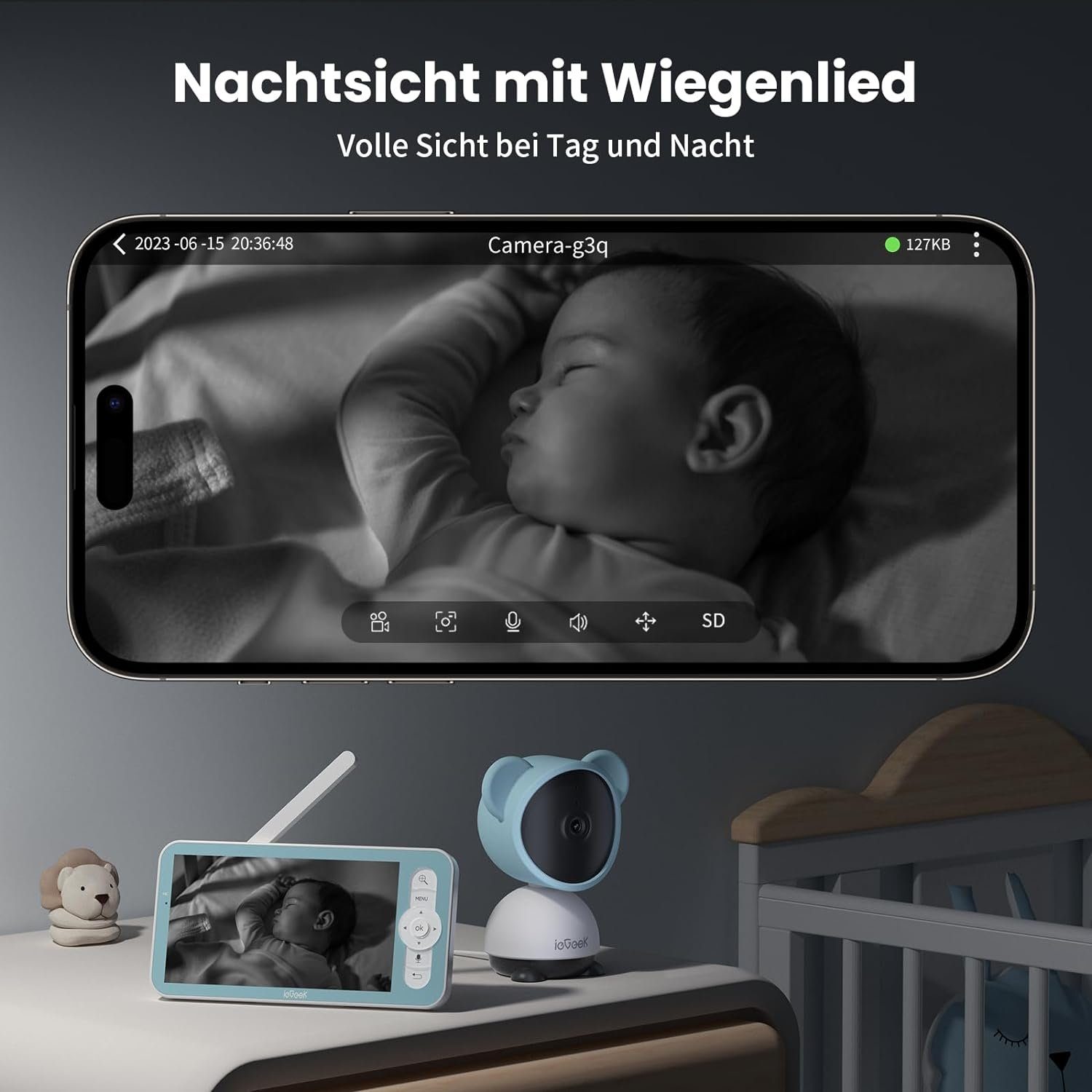ieGeek Babyphone 5 Zoll/1080P Babyphone mit Kamera App WLAN Video babyfon&64GB SD Karte, Horizontal 350° und vertikal 55°,940nm Infrarot-Nachtsichtkamera, Bewegungs/Geräuscherkennung, unterstützt App Steuerung, Automatische Verfolgung,Bidirektionales