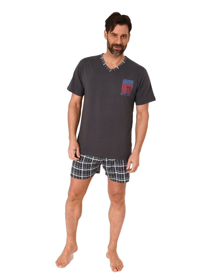 NORMANN Schlafanzug kurzarm Shorty mit karierter Jersey Hose in anthrazit günstig kaufen