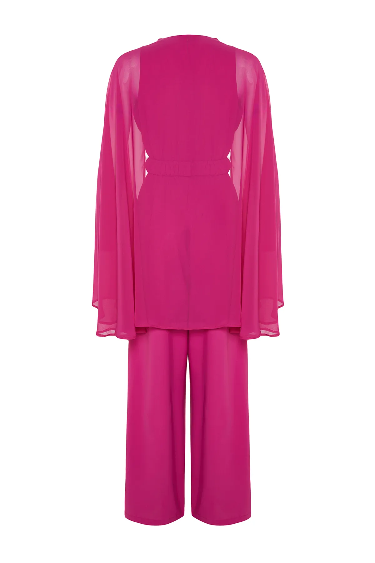 Trendyol Modest  Abendkleid-Overall aus Chiffon mit Cape und Satin in Fuchsia mit Blumengürtel TCTSS24DB00010