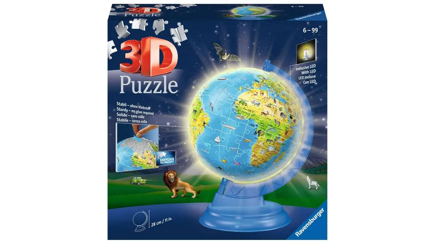 Ravensburger Puzzle - 3D Puzzles - Kinderglobus mit Licht in deutscher Sprache - 180 Teile