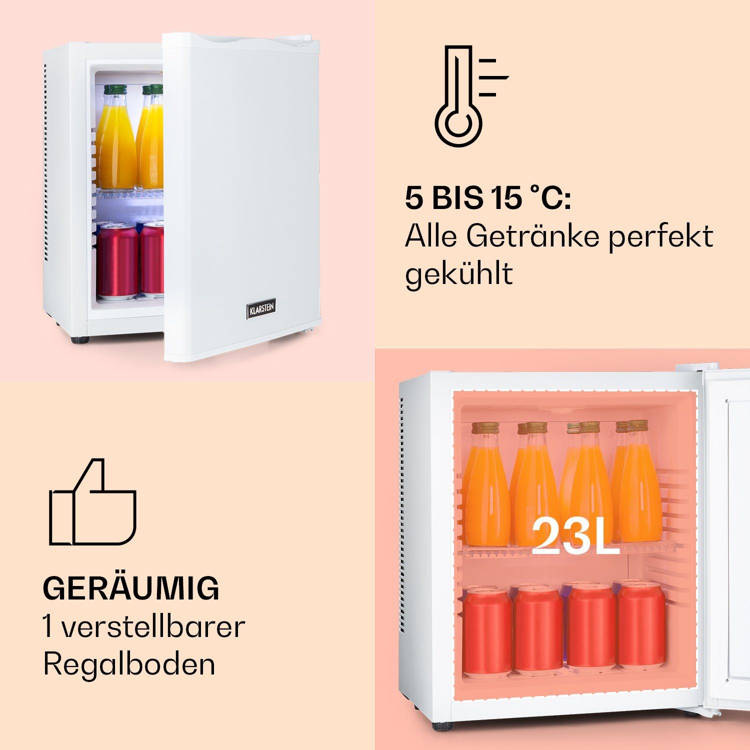 Klarstein Table Top Kühlschrank HEA-HappyHour-Wht 10035239A, 47 cm hoch, 38 cm breit, Hausbar Minikühlschrank ohne Gefrierfach Getränkekühlschrank klein