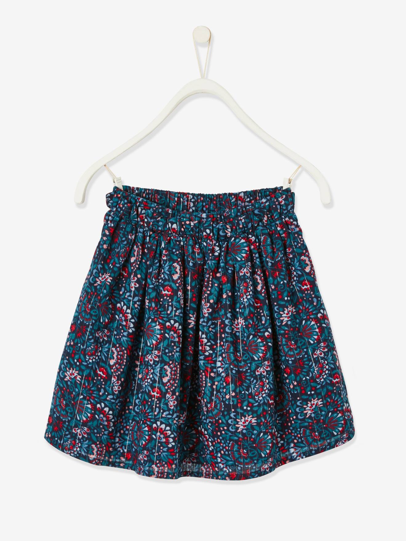 Jupe imprimée fleurs fille détails fils brillants marine imprimé