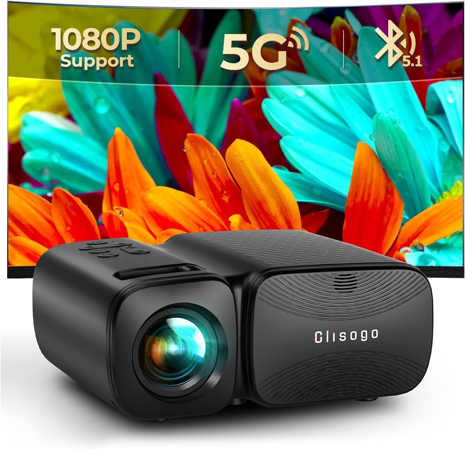 Glisogo, Mini WiFi Beamer 1080P Full HD Unterstützt Portabler Projektor (8500 lm, 8000:1, 1280*720P px, 250”Display LED Heimkino Video Beamerkompatibel mit TVStick/Smartphone)