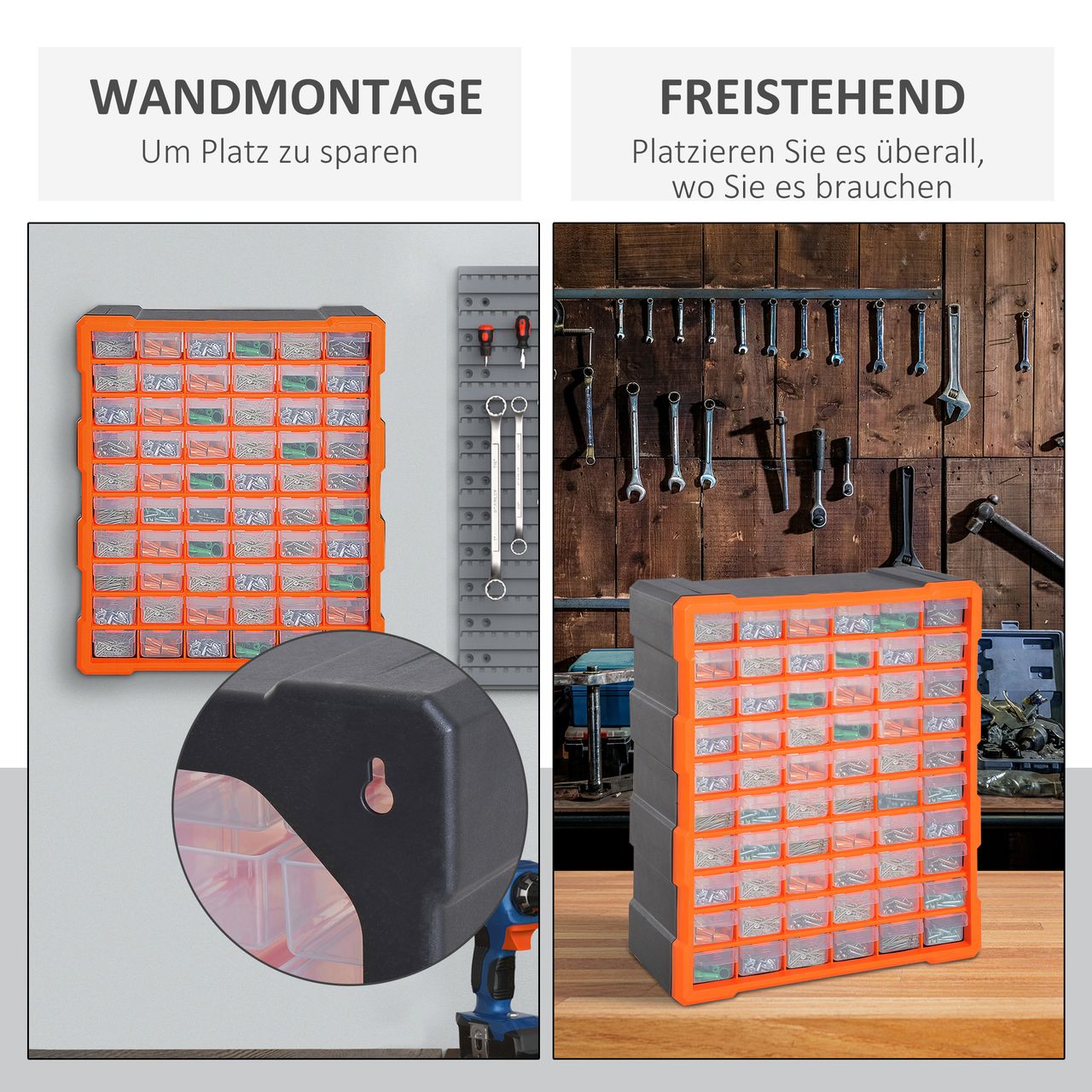 DURHAND Sortierkasten Kleinteilemagazin Teile Box Aufbewahrungsbox 60 Fächer Orange L38 x B16 x H47,5 cm