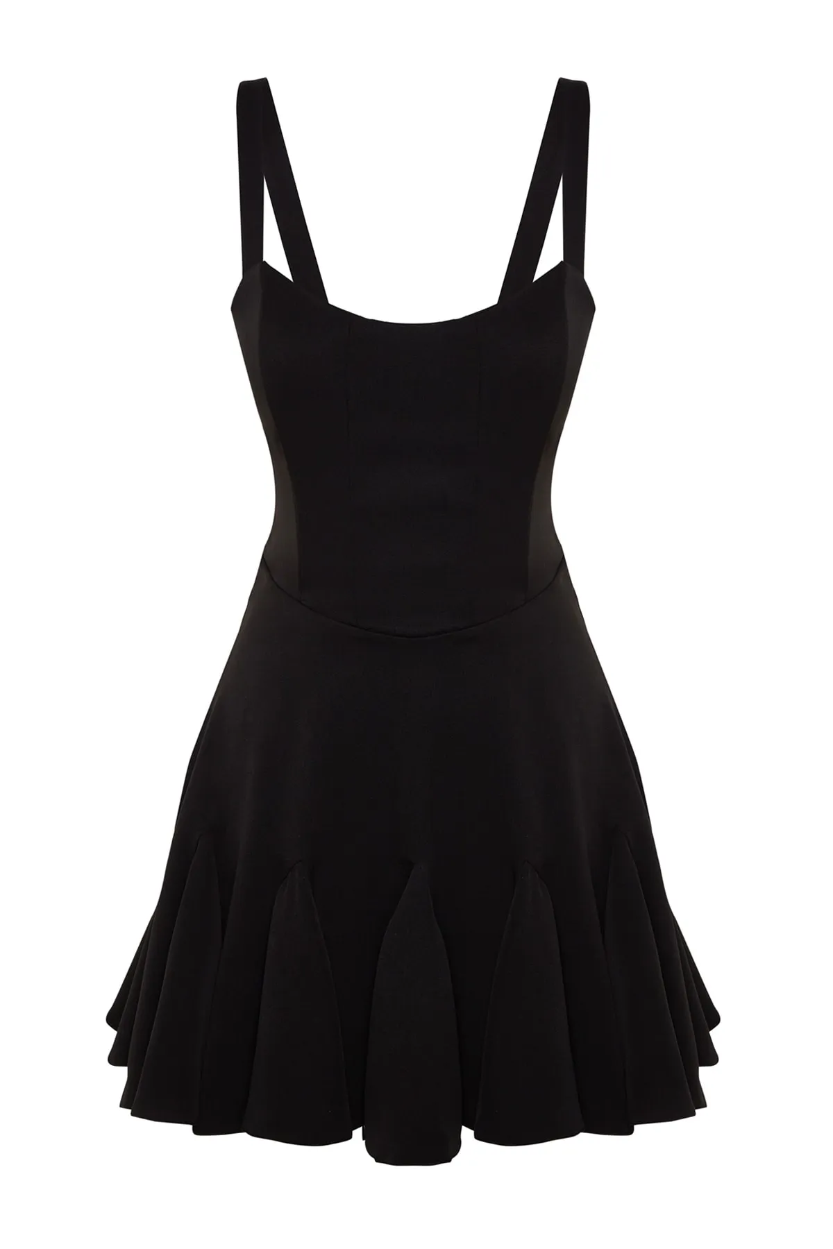 Trendyol Collection  Schwarzes Abendkleid mit Taillenöffnung/Skater-gefüttertem Webkorsett und detaillierter Paspelierung TPRSS23EL00251