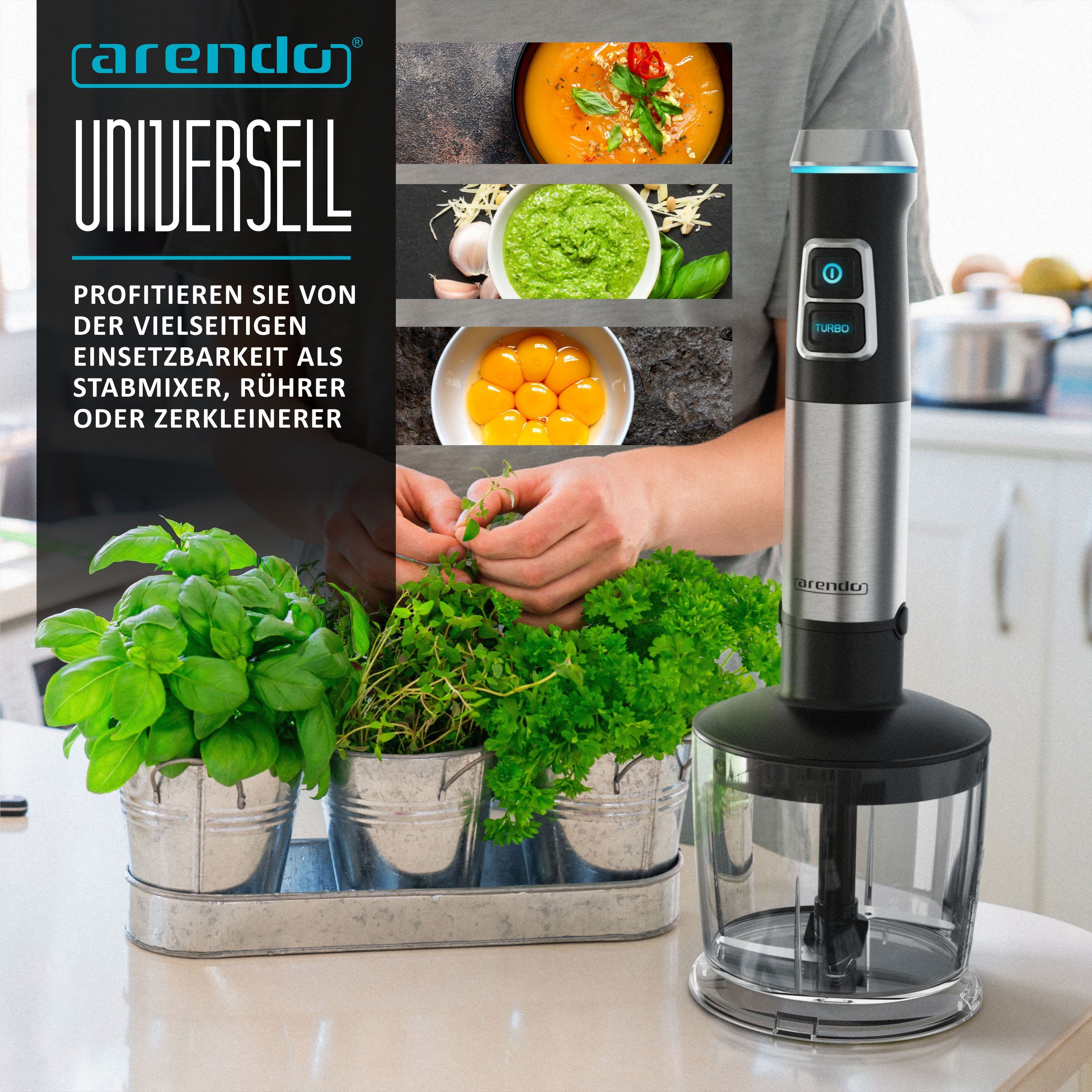 Arendo Stabmixer, 1200 W, Stabmixer Edelstahl Set - Pürierstab - stufenlose Geschwindigkeit