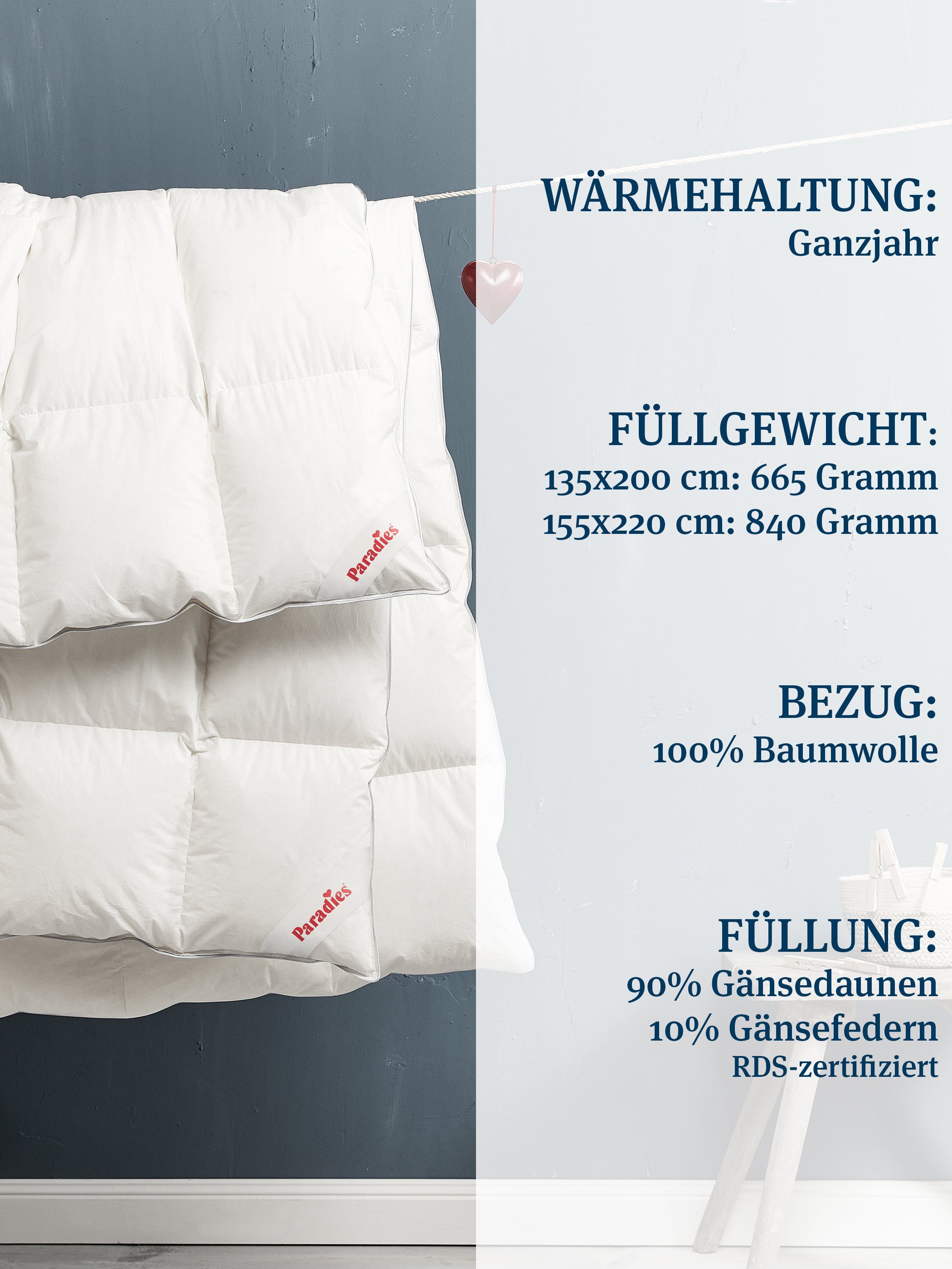 Gänsedaunenbettdecke, Gabi 90, Paradies, Füllung: 90% Daunen, 10% Federn, Bezug: 100% Baumwolle, Kundenliebling