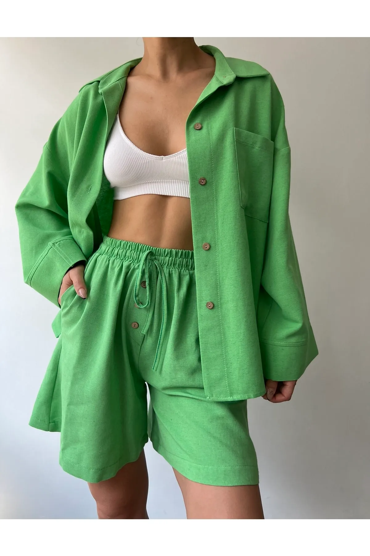 MAİ COLLECTİON  Budva Pistaziengrünes Leinen-Shorts-Set für Damen