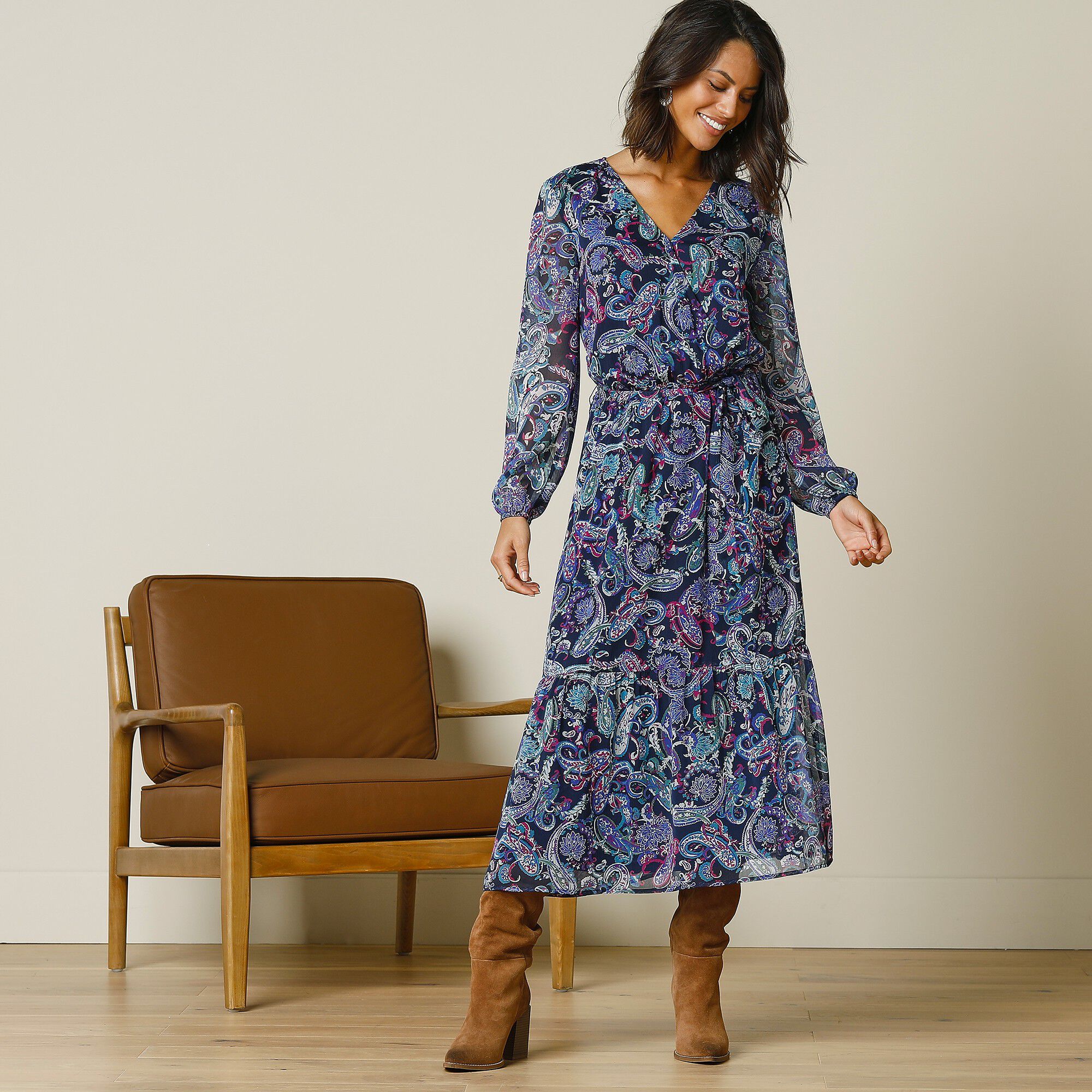 Robe mi-longue en voile imprimé cachemire