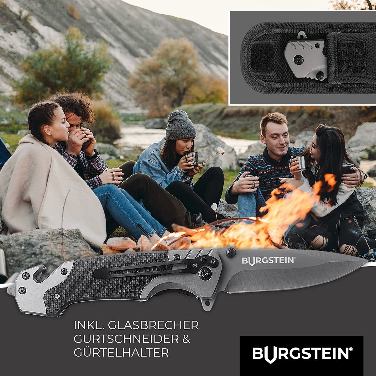 Burgstein Anzucht- und Kräutererde Outdoor Taschenmesser mit Gürteltasche - Klappmesser Carbon, Carbon Carbon