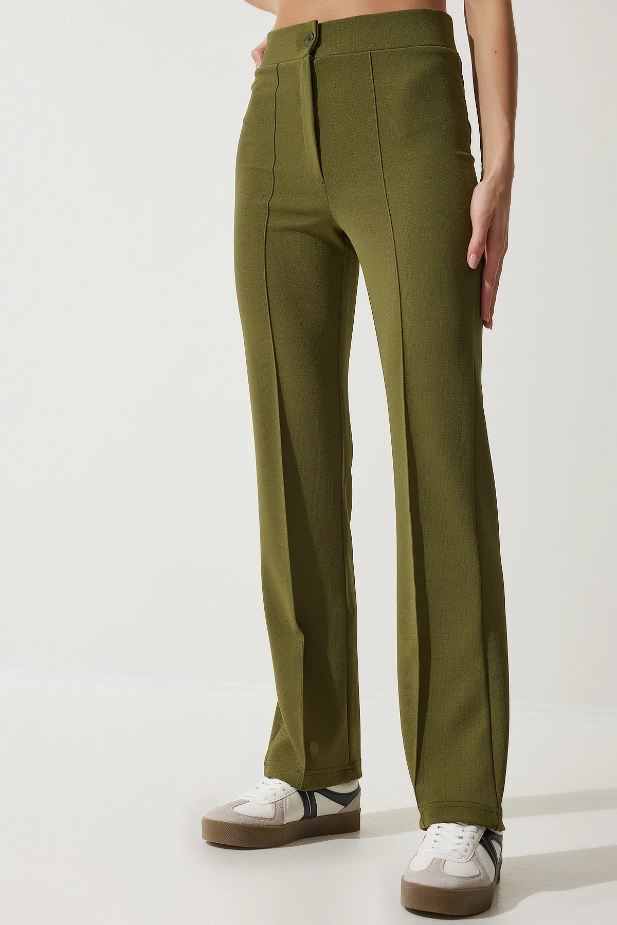 Happiness İstanbul  Bequeme Strickhose aus Lycra in Khaki mit hoher Taille für Damen RV00090