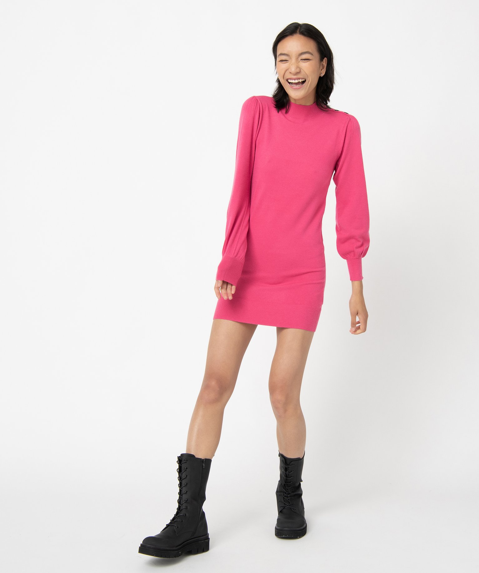 Robe pull femme en maille à manches longues et col montant rose | GEMO