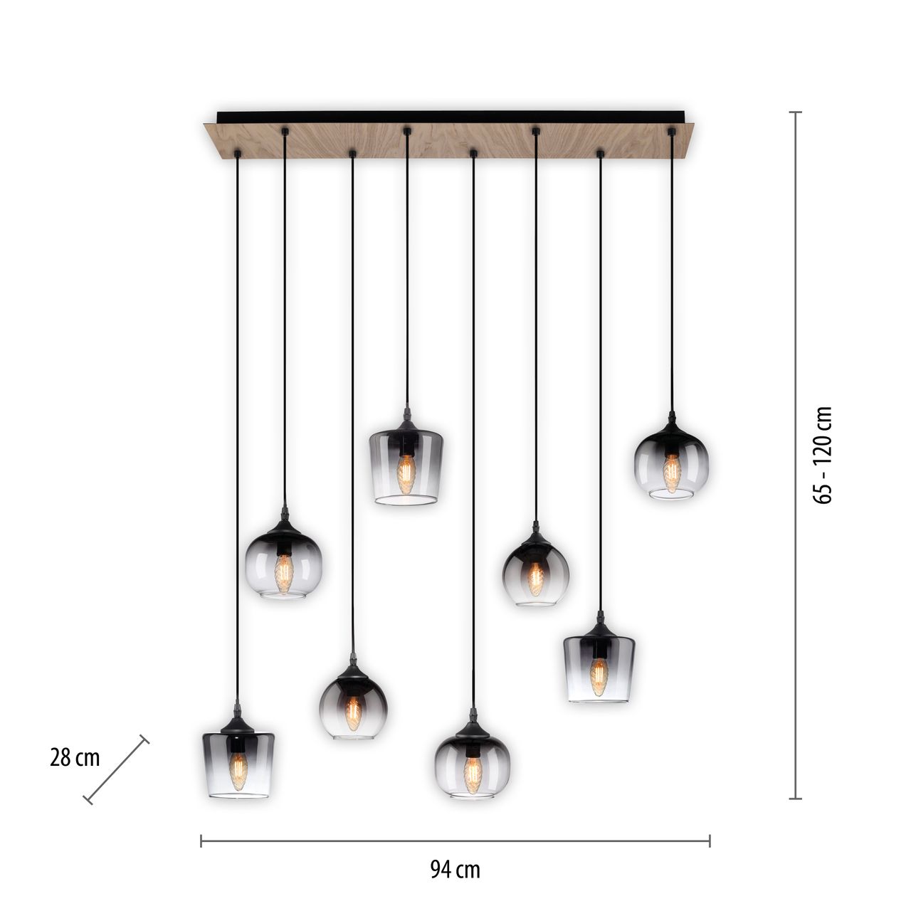 JUST LIGHT Pendelleuchte GREEN ZEA, 8x E14/25 Watt max., rauchfarbene Gläser, Holz-natur