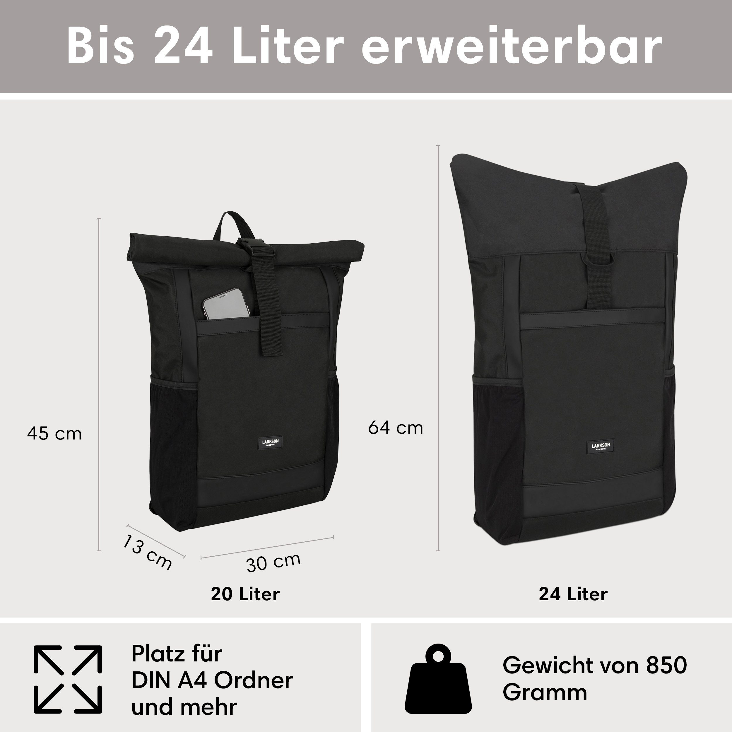 LARKSON Cityrucksack No 2, Rolltop Damen Herren, Laptop Fach, Wasserabweisend