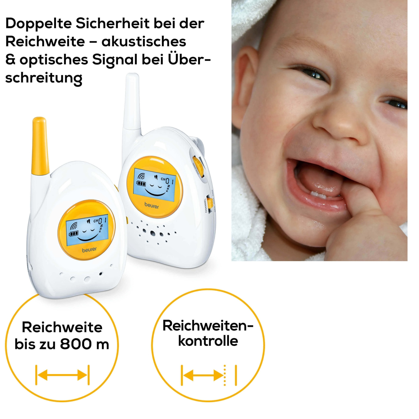 Beurer Analoges Babyphone BY 84-Raumüberwachungsgerät mit hoher Reichweite von 800 m