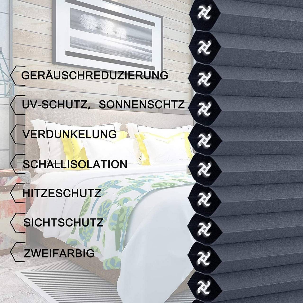 Plissee, Woltu, verdunkelnd, verspannt, Klemmfix, Wabenplissees ohne Bohren