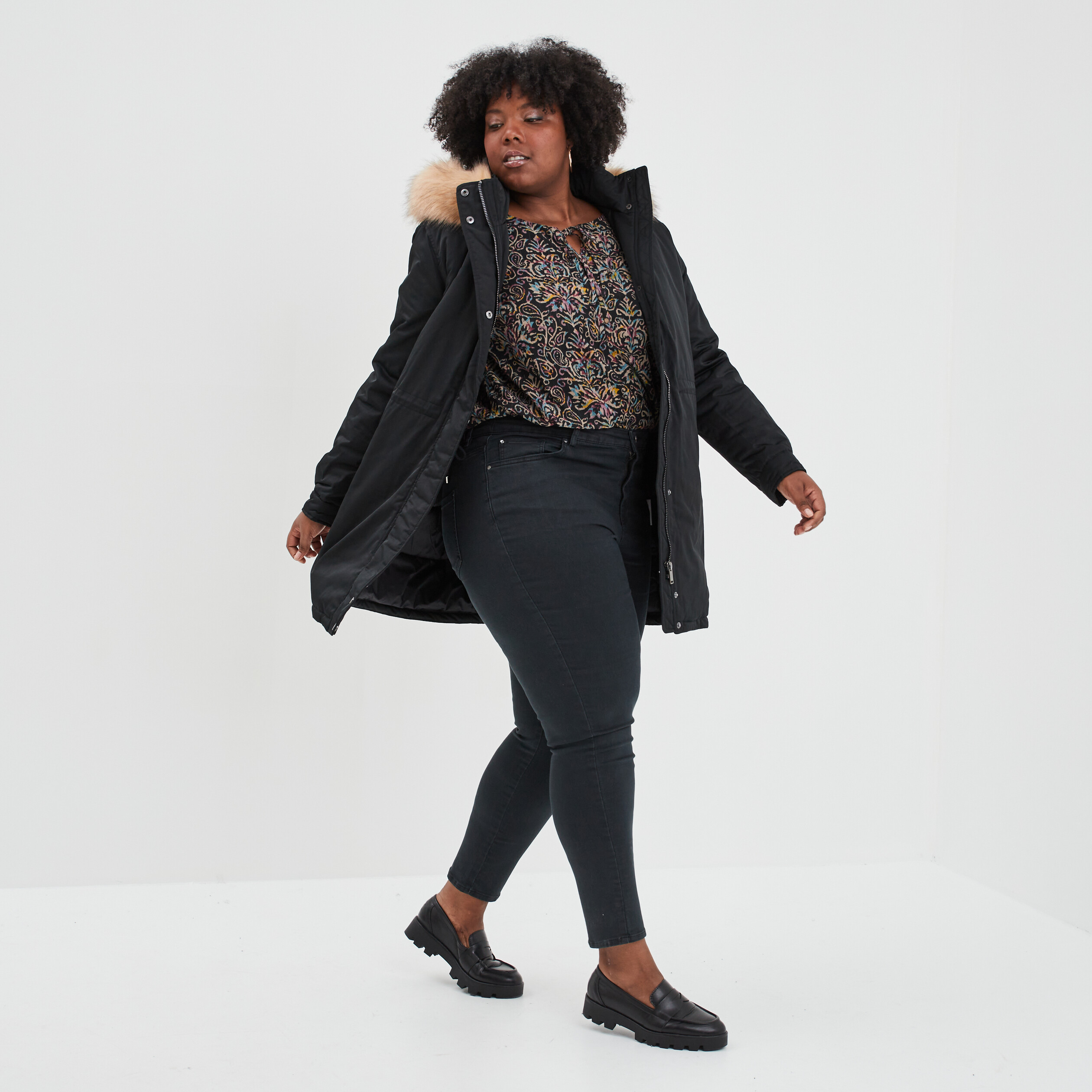 Parka à capuche bordure fourrure noir femme grande taille | La Halle