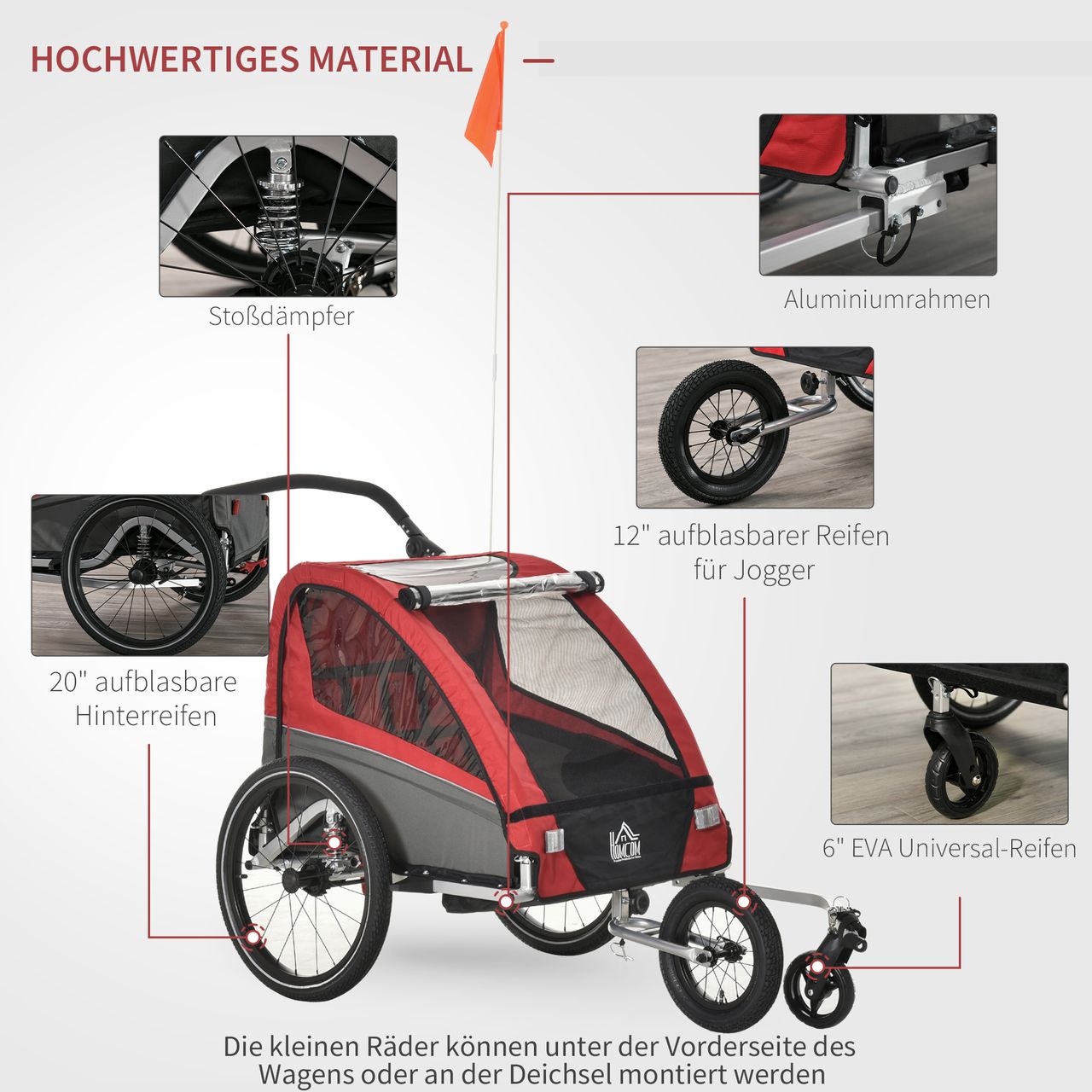 HOMCOM 3 in 1 Kinderanhänger Jogger Fahrradanhänger für 2 Kinder Alu Rot