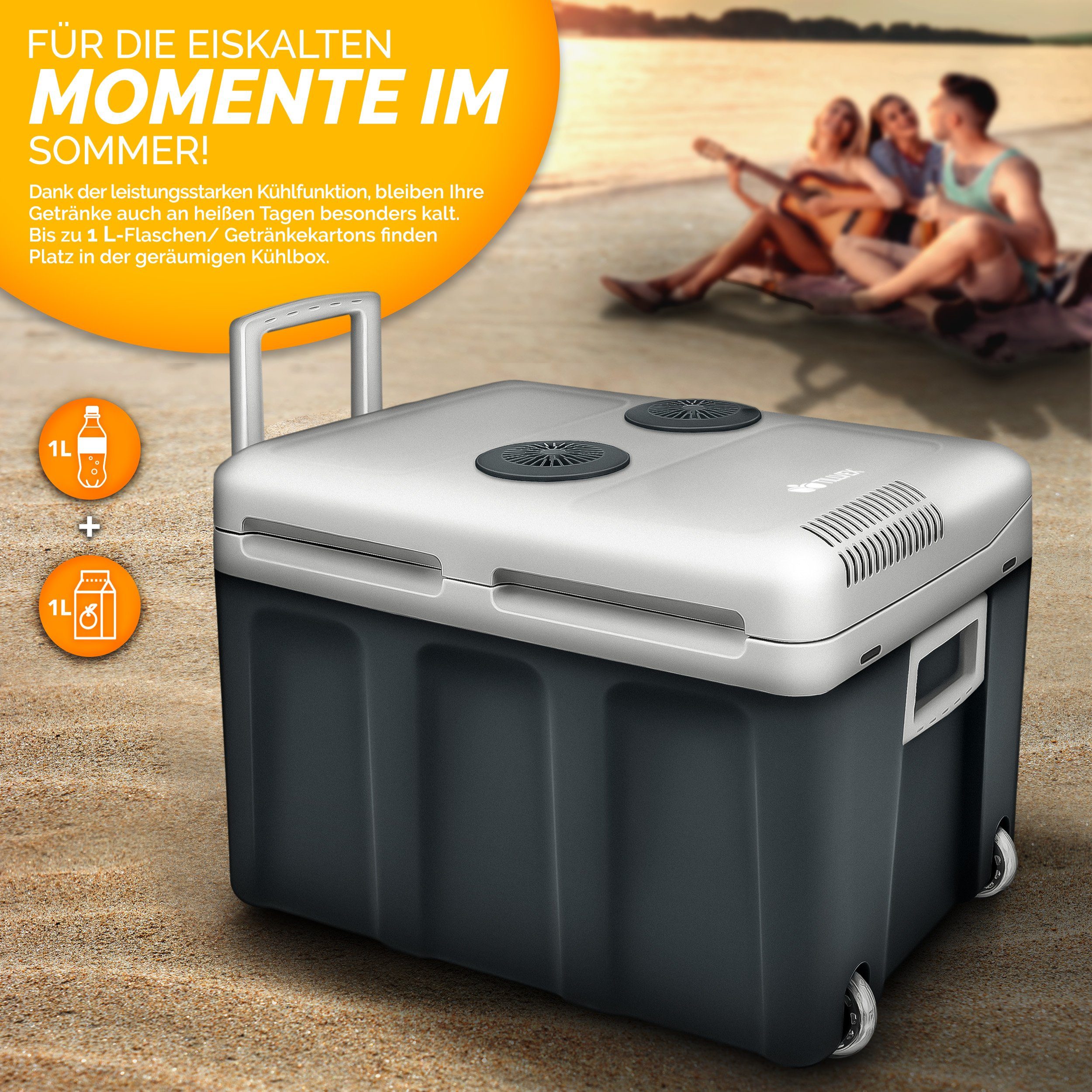 tillvex Kühlbox elektrisch 40L mit Rollen Mini-Kühlschrank, 230 V und 12 V für KFZ Auto Camping, kühlt & wärmt, ECO-Modus