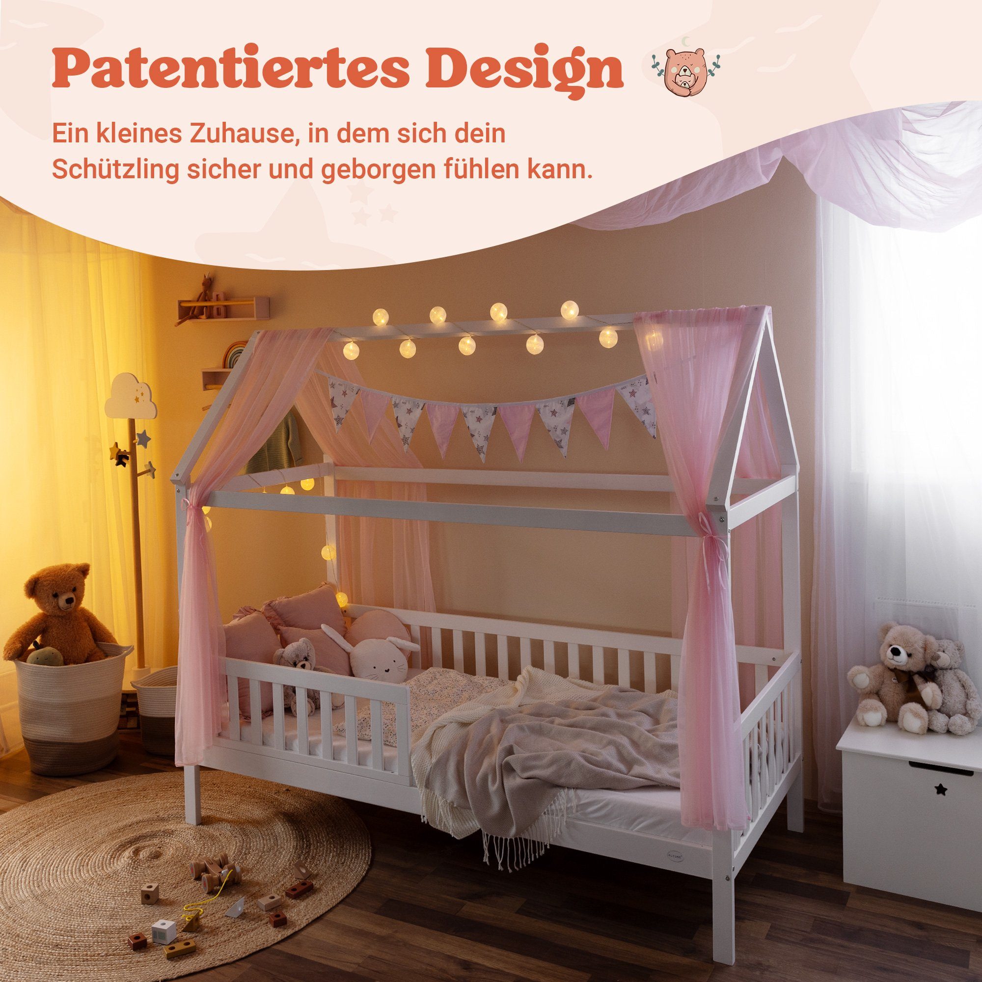 Alcube Kinderbett HEIM I Top ANGEBOTE I Begrenzte Zeit I BESTSELLER! (Hausbett 80x160 cm inkl. Rausfallschutz und Rolllattenrost, Kinderbett 80x160 cm für Matratze 160x80 Jugendbett 80x160 cm), Kinderbett in Weiß für Mädchen und Jungen Einzelbett aus