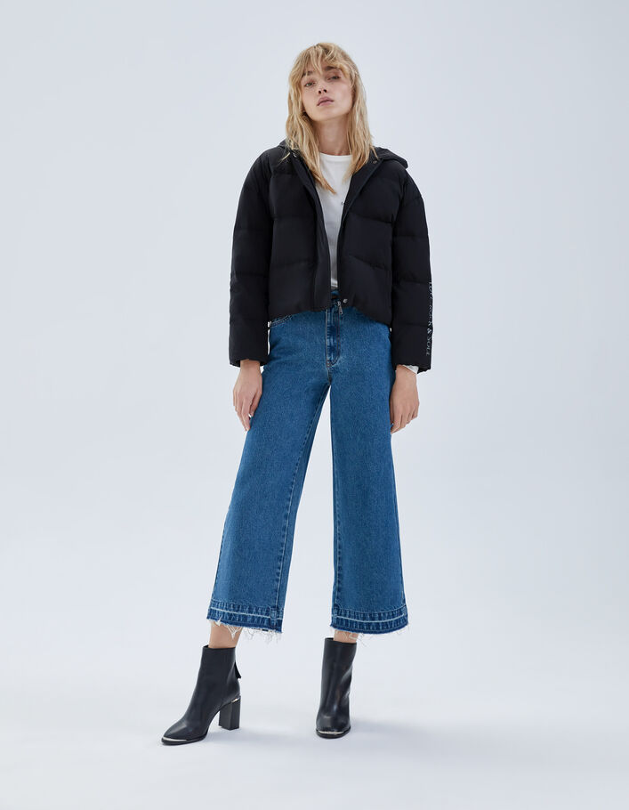 Jean large bleu taille haute 7/8e bas frangés Femme
