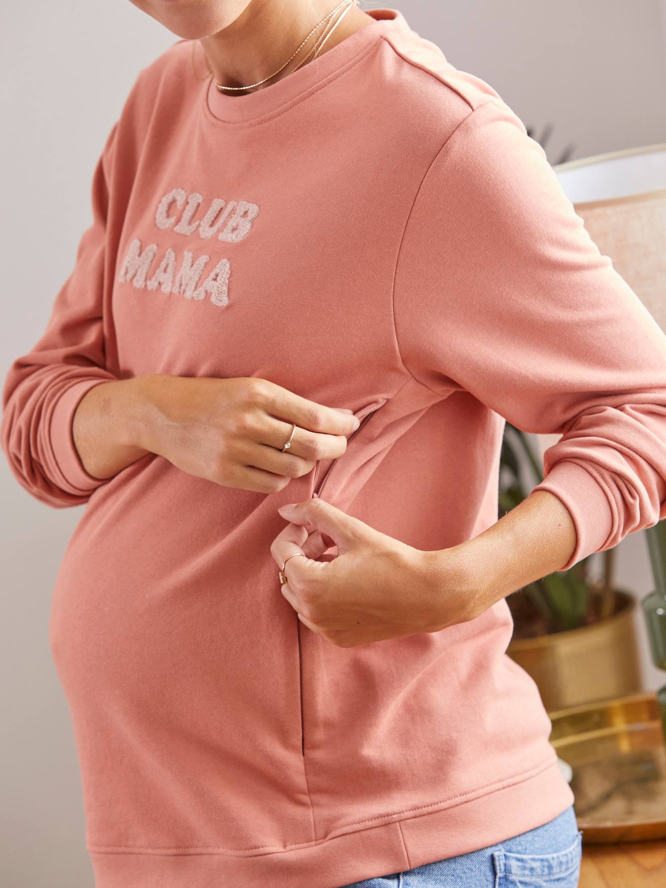 Sweat molleton à message grossesse et allaitement rose blush