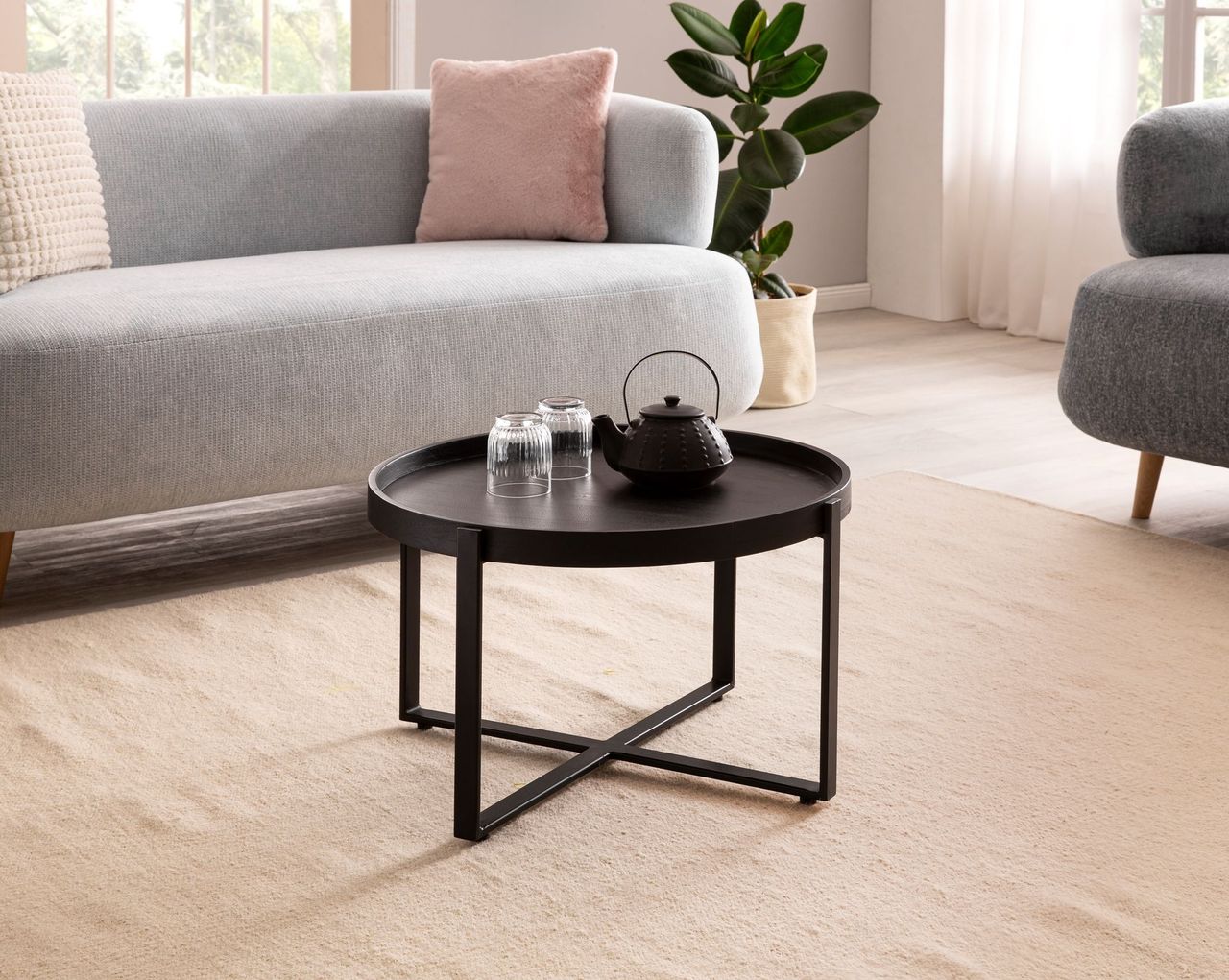 Wohnling Couchtisch Sofatisch Massivholz Schwarz 60x60x35cm Wohnzimmertisch Rund