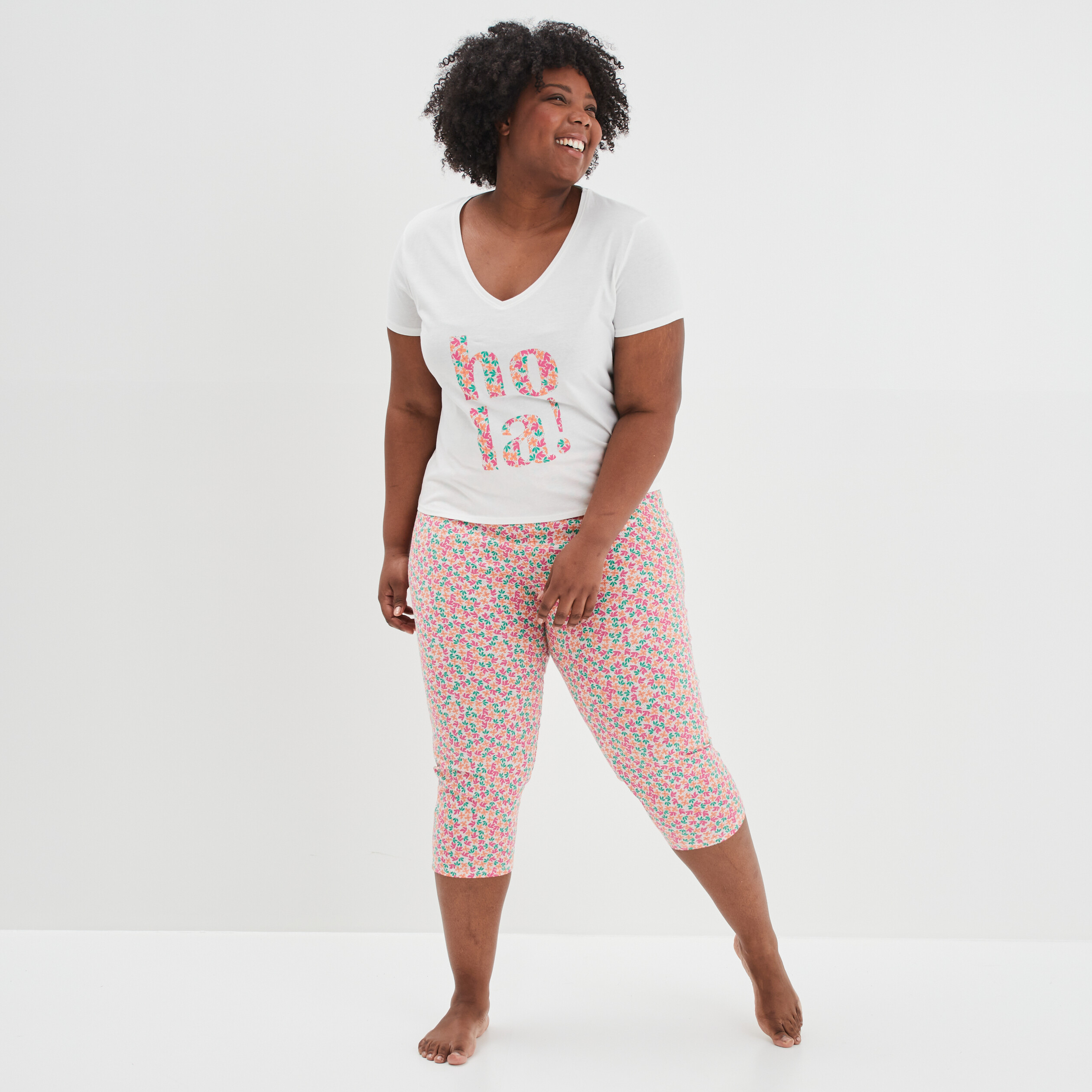 Ensemble pyjama corsaire 2 pièces coton ecru femme grande taille | La Halle