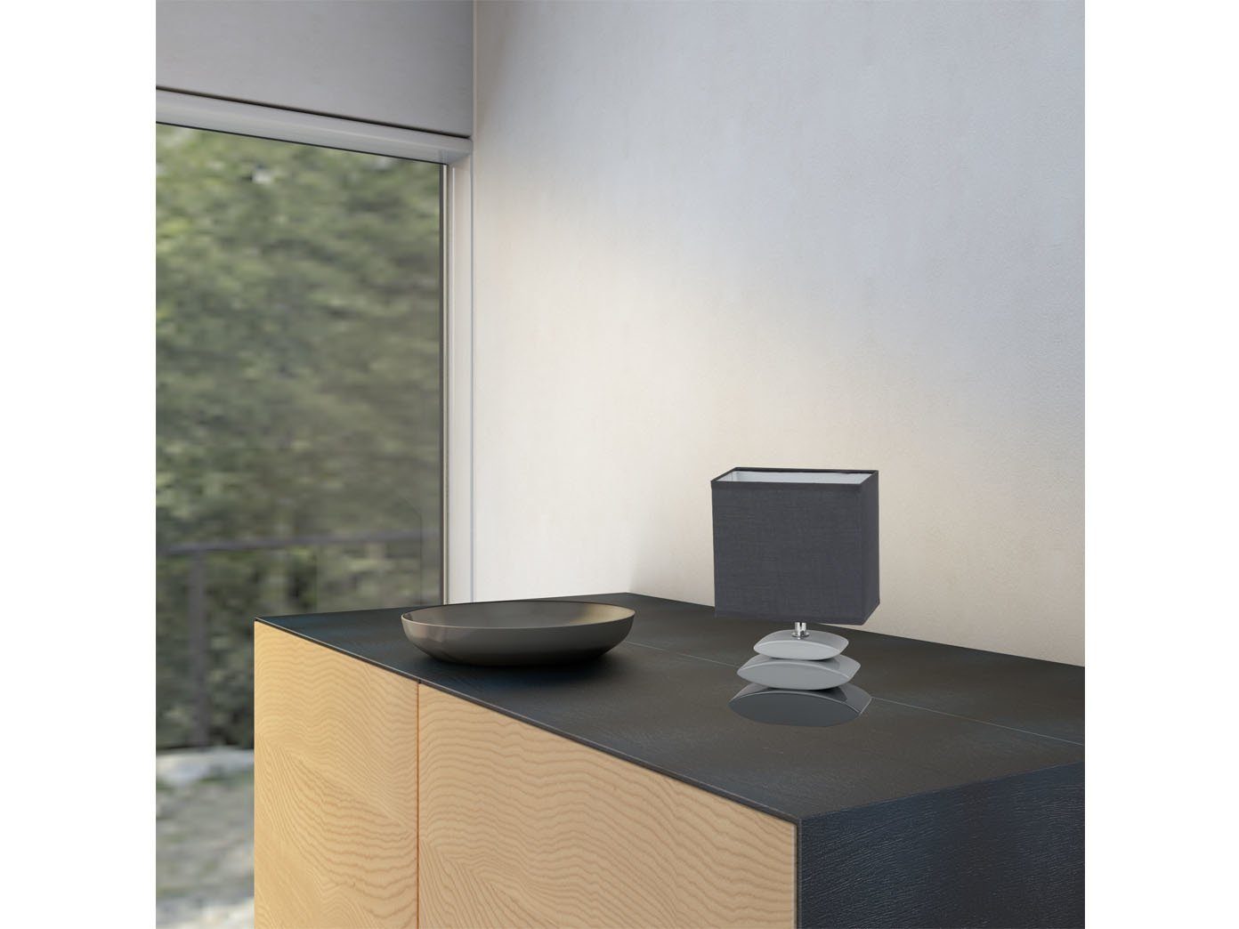 meineWunschleuchte LED Tischleuchte, LED wechselbar, warmweiß, kleine Fensterbank Designer-lampe mit Stoff Lampenschirm Grau, H: 29cm