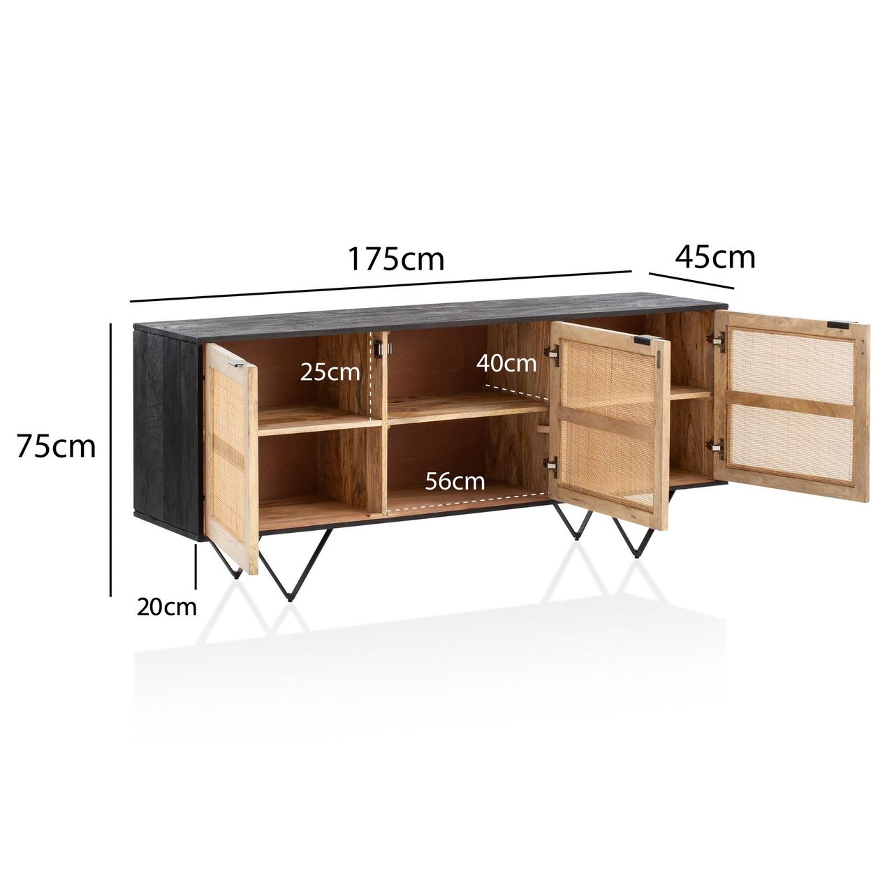 Wohnling Sideboard 175x75x45 cm Massivholz Rattan Anrichte Kommodenschrank