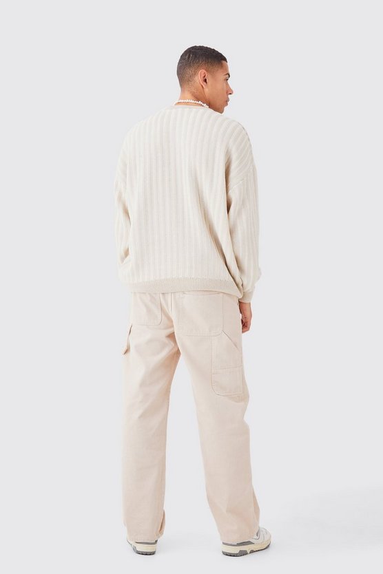 Zweifarbiger gerippter Oversize Rundhals-Pullover