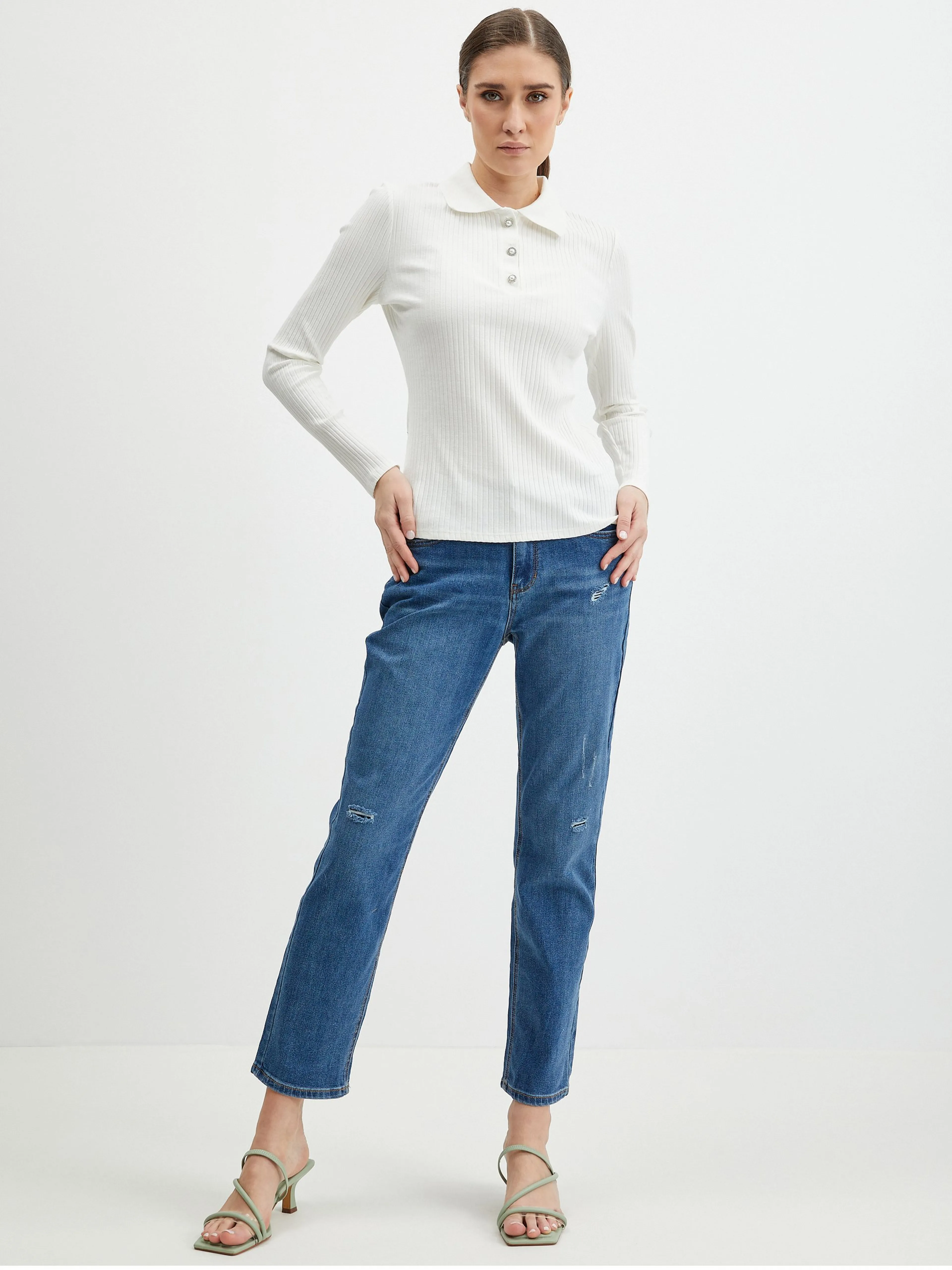 Weißes geripptes Damen Poloshirt ORSAY