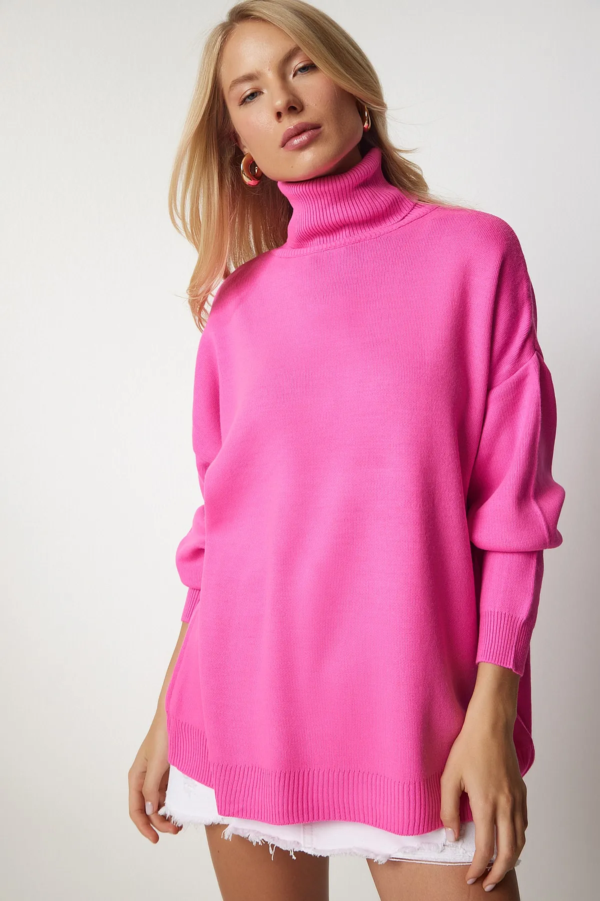 Happiness İstanbul  Rosa Rollkragenpullover in Übergröße für Damen BV00084