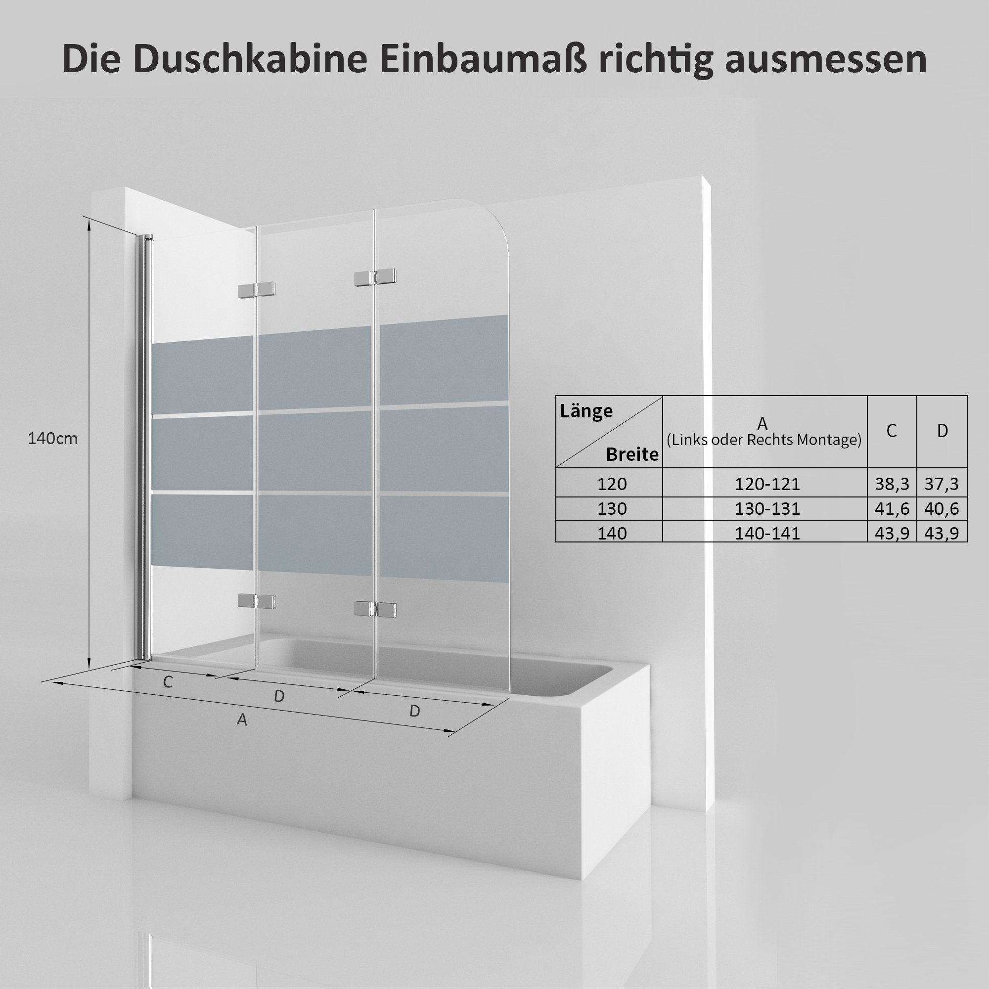 GOEZES Badewannenfaltwand 140x140 130x140 120x140 Badewannenaufsatz 3 teilig faltbar Milchglas, 5mm Sicherheitsglas,Alu Wandprofil, (Duschwand für Badewanne, mit Duschdichtung), komplett faltbar, Beidseitig 180° schwenkbar