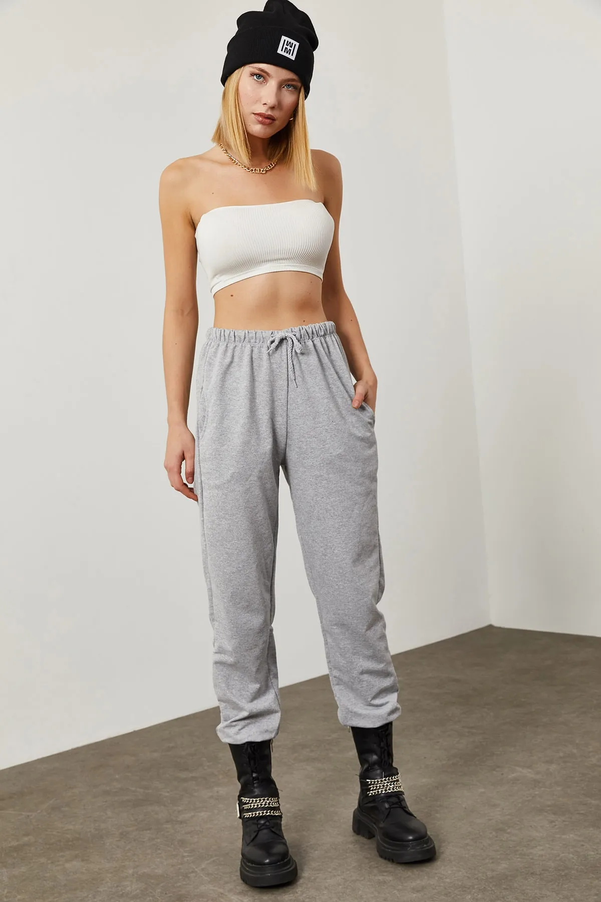 XHAN  Graue Damen-Jogginghose mit Schnürung 0YZK8-10365