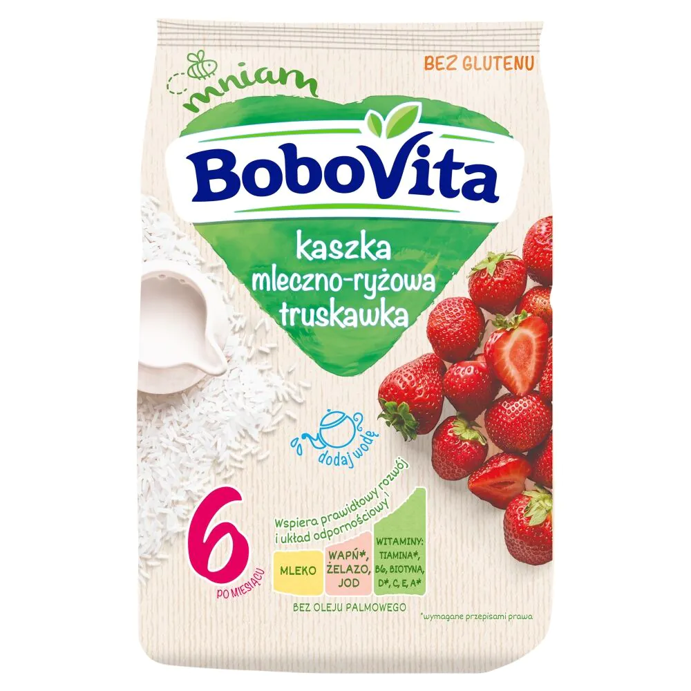 Bobovita pieno ir ryžių košė su braškėmis po 6 mėnesių