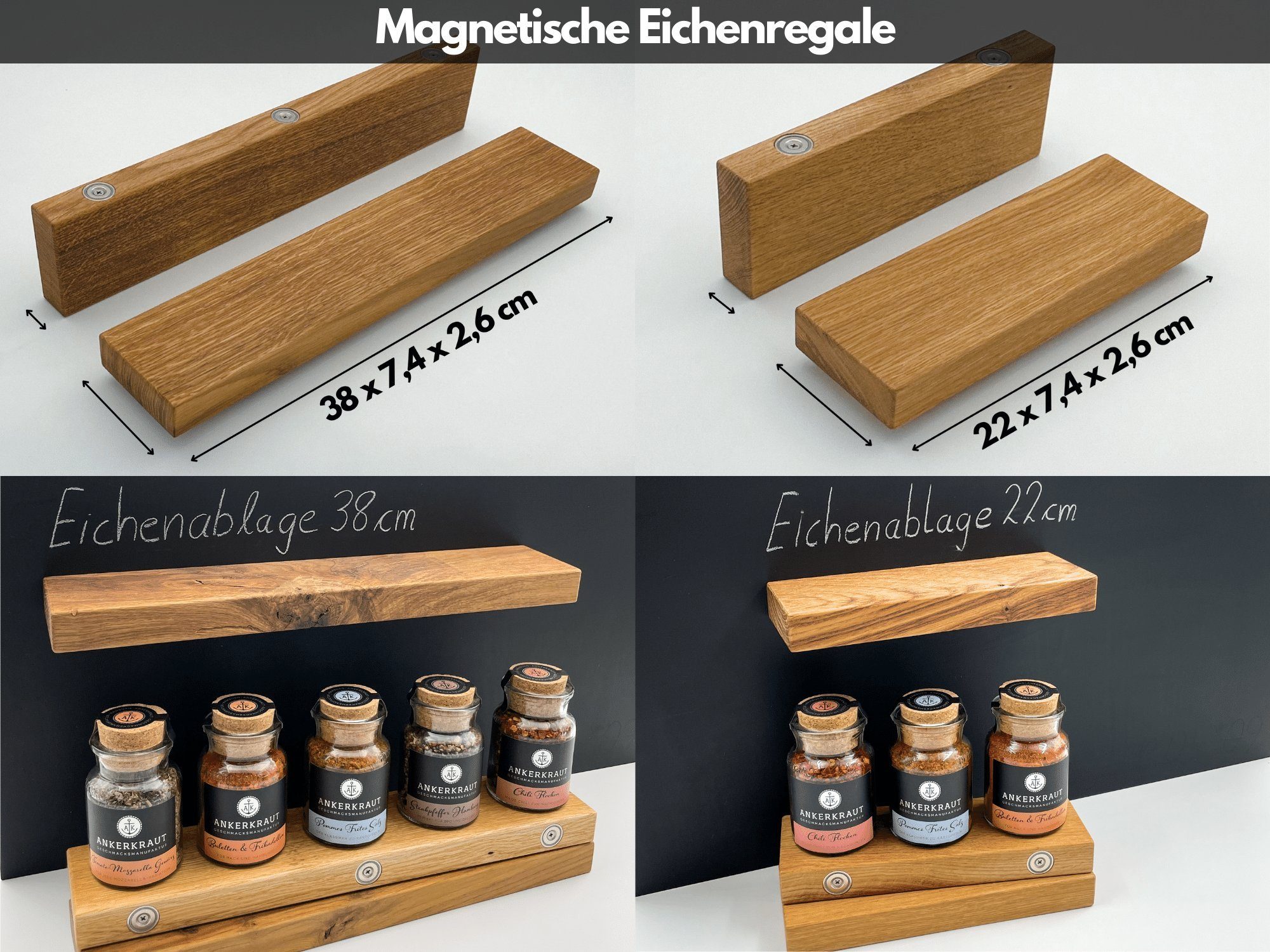 wood4hood Gewürzregal MAGNET, Spar-Set mit viel Zubehör, Magnettafel mit magnetischen Böden aus Eiche · beschreibbar