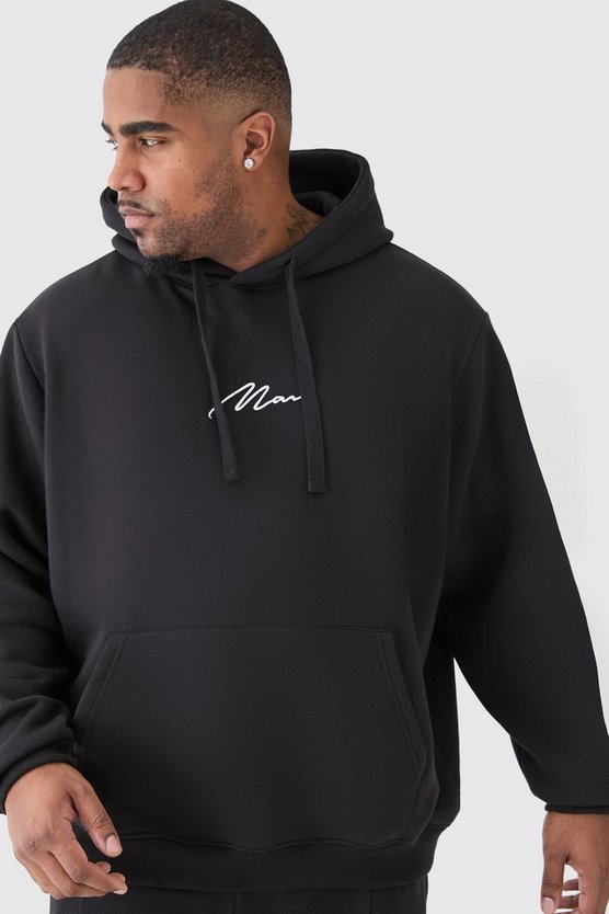 Plus schwarzer Basic Man Signature Hoodie mit Reißverschluss