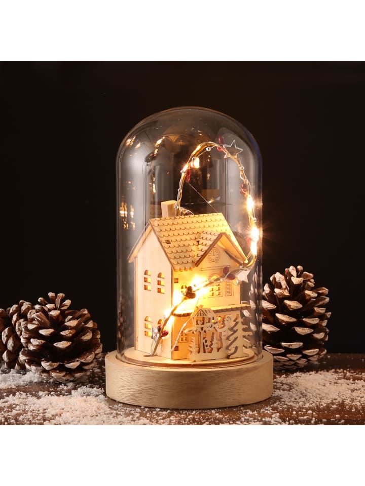 MARELIDA LED Deko Glaskuppel Holzhaus 10LED H: 20cm in natur günstig kaufen onesize