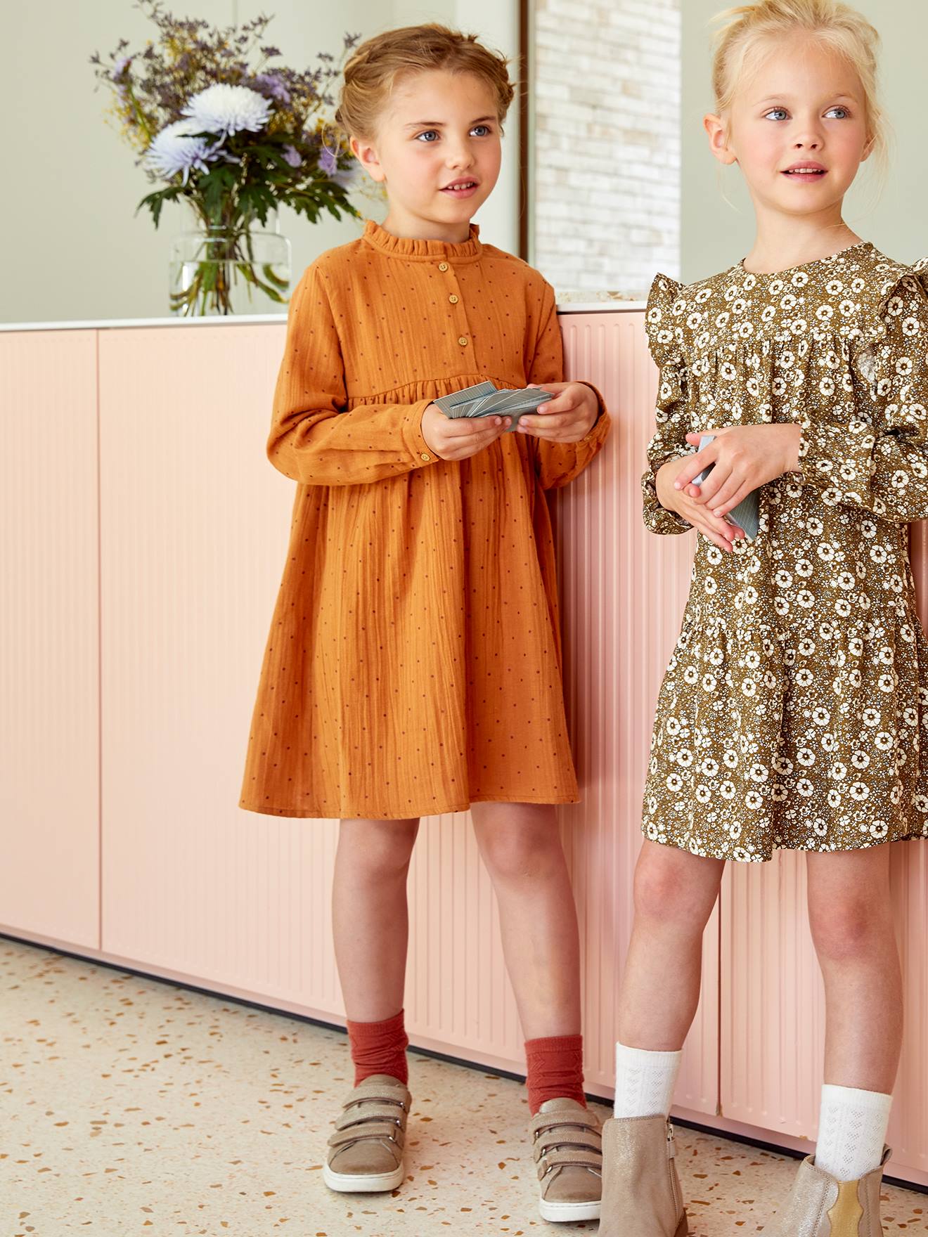Robe en gaze de coton détails fantaisie fille beige