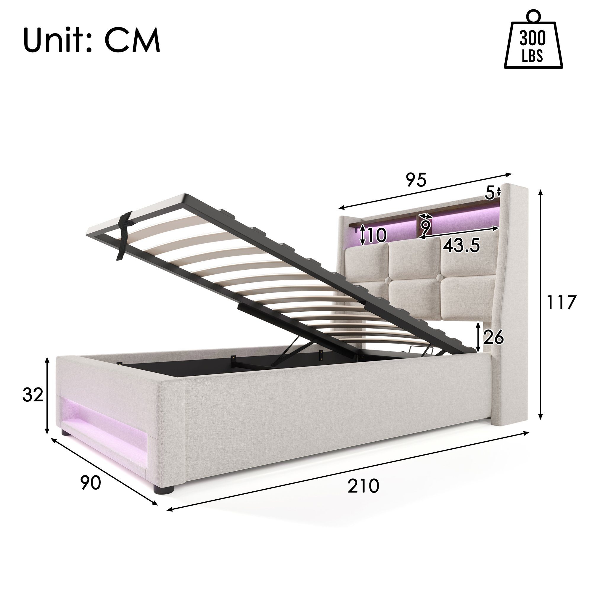 REDOM Polsterbett (LED Doppelbett Jugendbett mit USB Ladeanschluss, Jugendbett), 90x200cm, Ohne Matratze