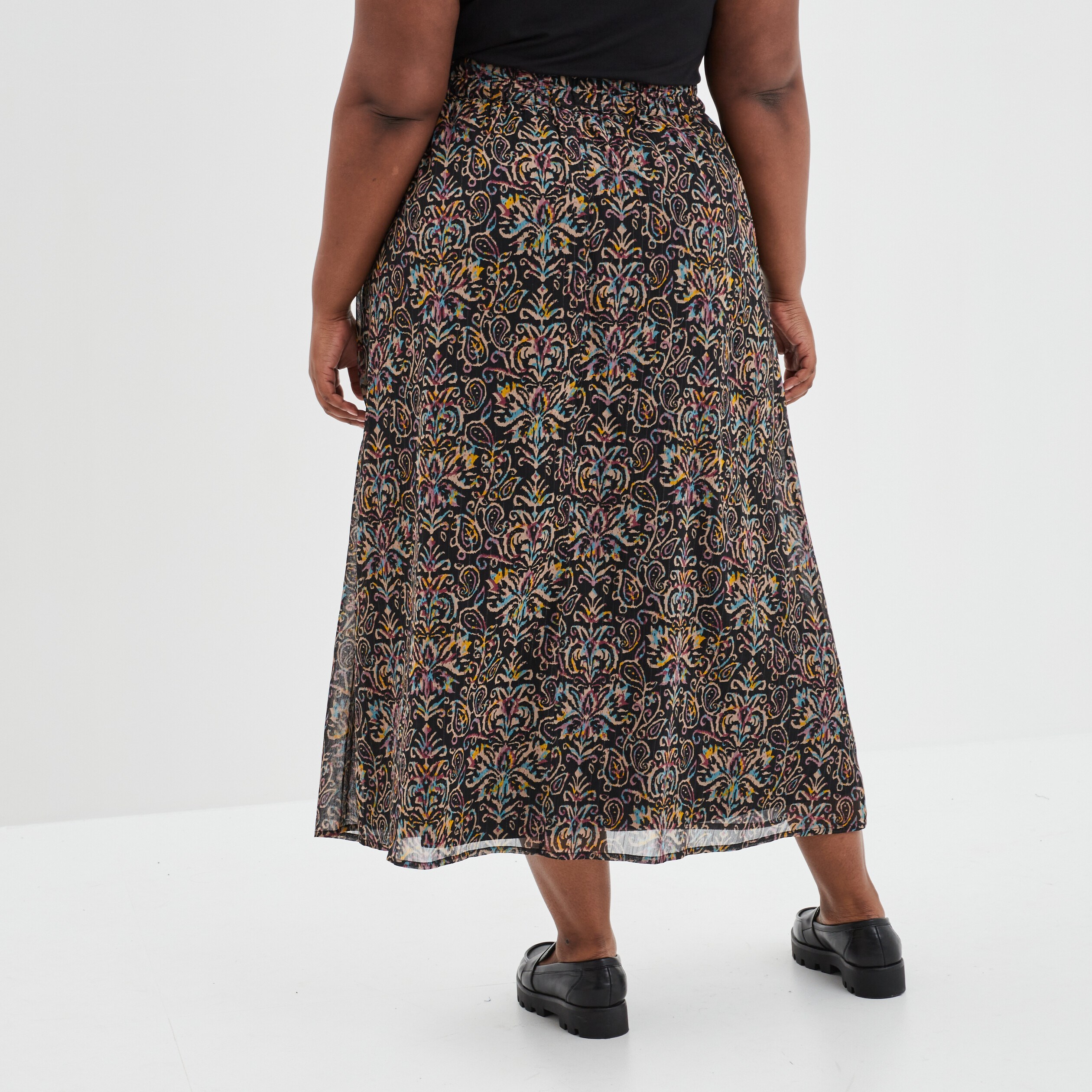 Jupe longue taille haute fils métallisés noir femme grande taille | La Halle