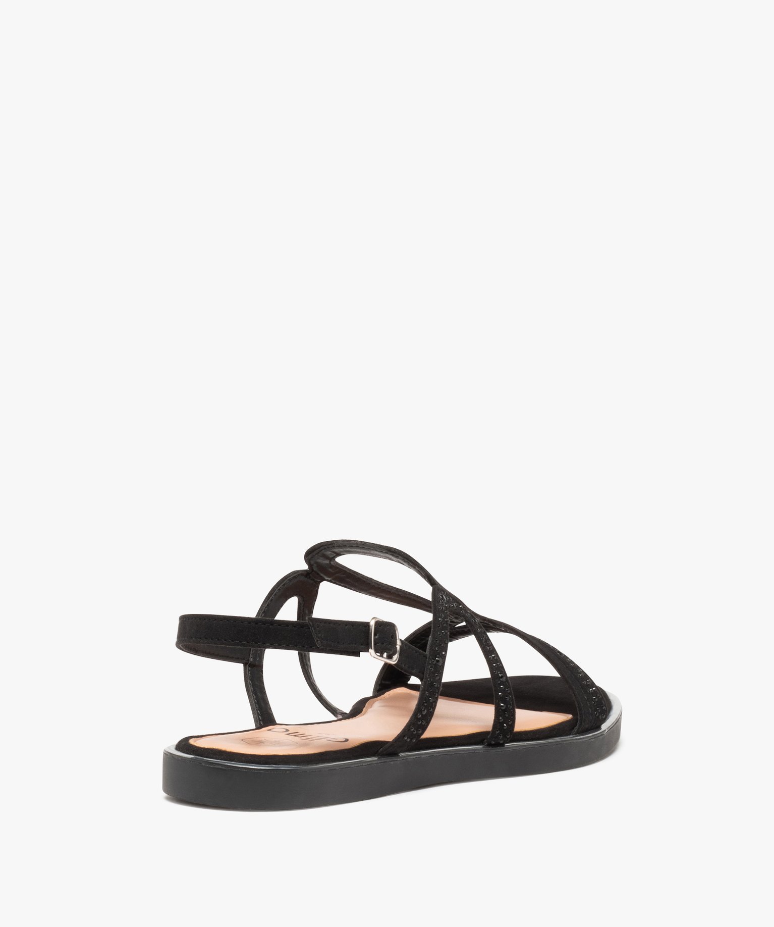 Sandales femme à talon plat en suédine unie détails strass noir | GEMO
