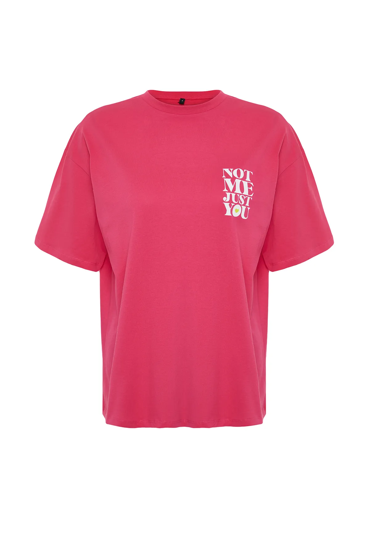 Trendyol Collection  Fuchsiafarbenes Strick-T-Shirt mit Slogan-Aufdruck aus 100 % Baumwolle auf der Rückseite und Vorderseite in Übergröße/bequemer Passform TWOSS24TS00235