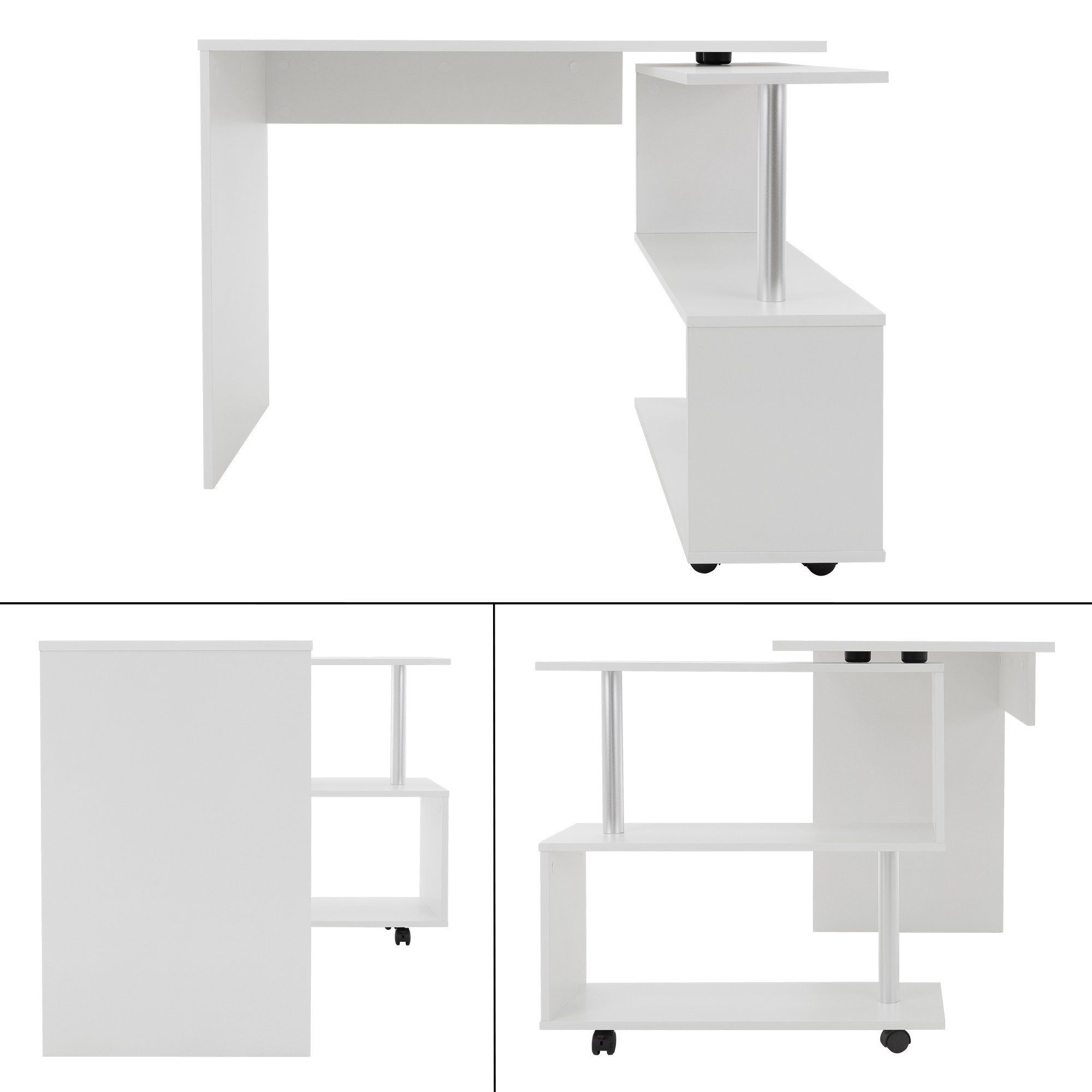 ML-DESIGN Schreibtisch Eckschreibtisch L-Form Arbeitstisch Bürotisch Computertisch PC Tisch, Drehbar mit 4 Rädern Weiß glänzend 150x88x75cm für Heim und Büro